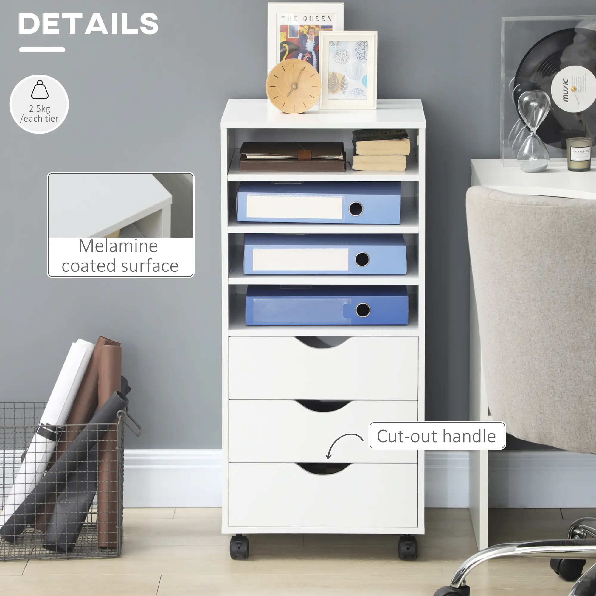 Vertical Filing Cabinet, Mobile 3 Drawers, 4 Shelves, White - Image 5