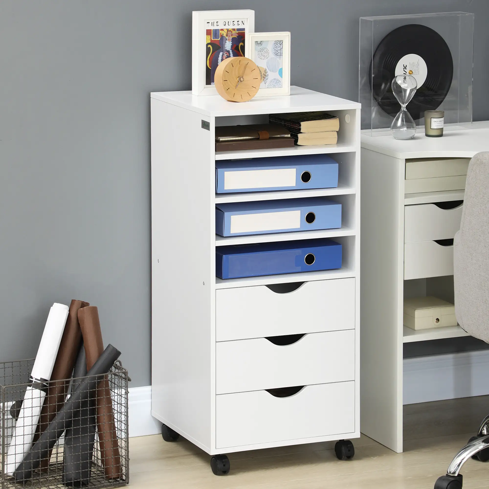 Vertical Filing Cabinet, Mobile 3 Drawers, 4 Shelves, White - Image 7