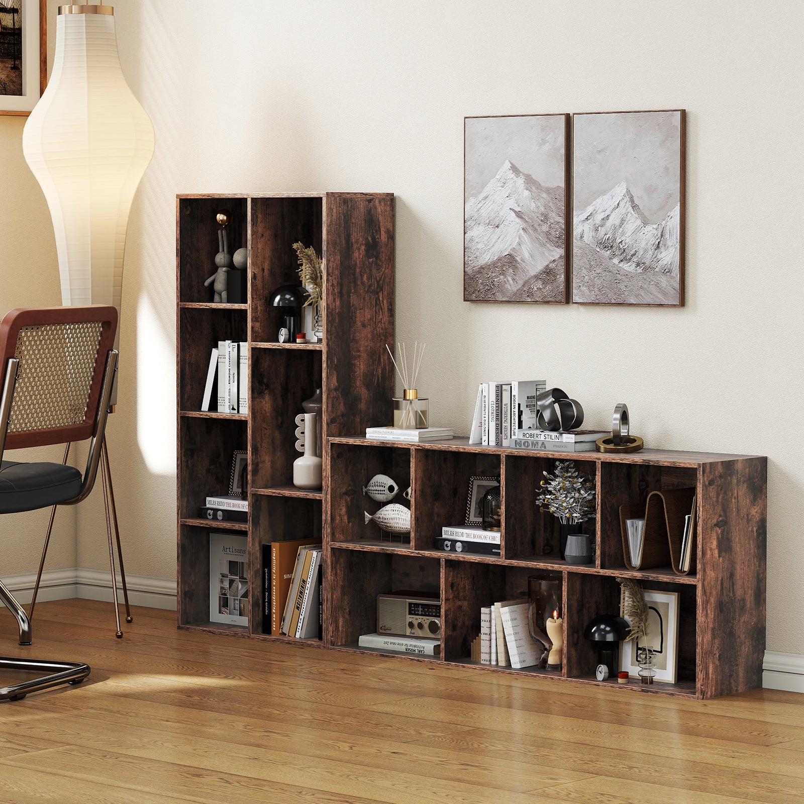 Vertical or Horizontal Freestanding Bookshelf with 7 Compartments, Rustic Brown - Image 2