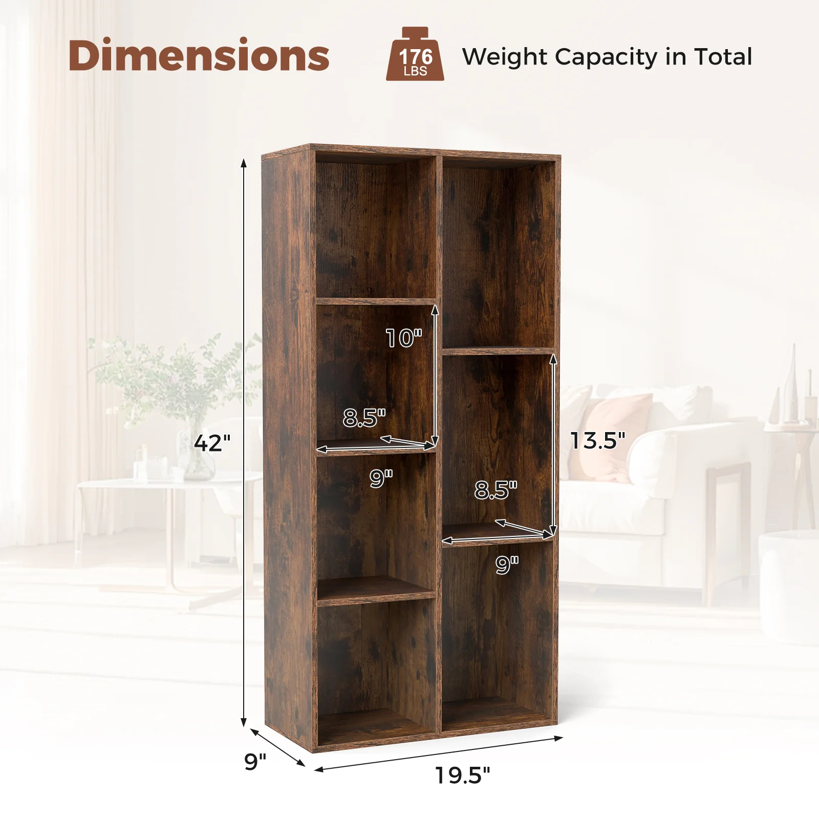 Vertical or Horizontal Freestanding Bookshelf with 7 Compartments, Rustic Brown - Image 5