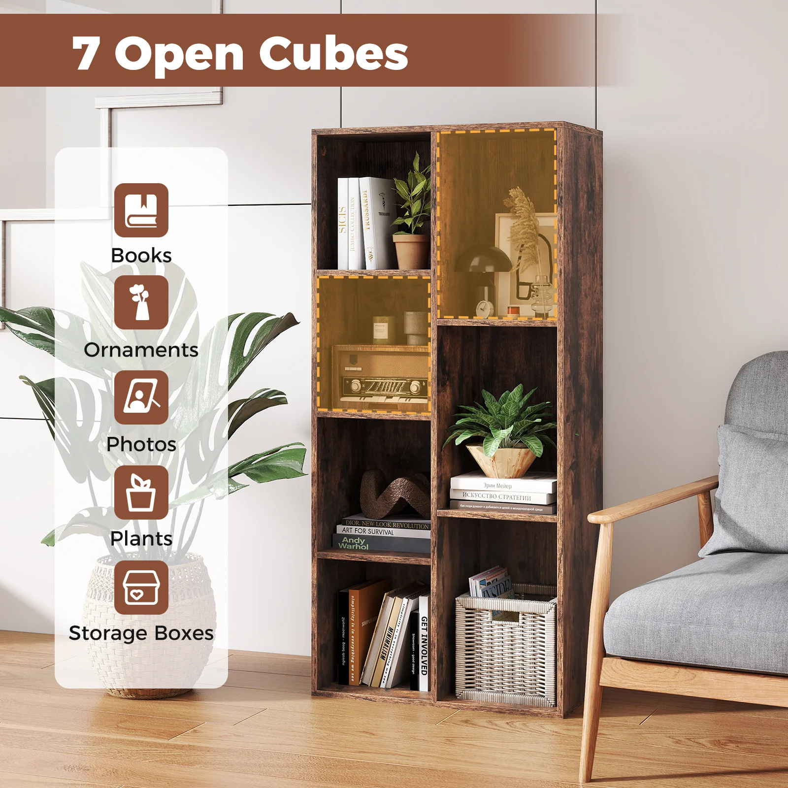 Vertical or Horizontal Freestanding Bookshelf with 7 Compartments, Rustic Brown - Image 7