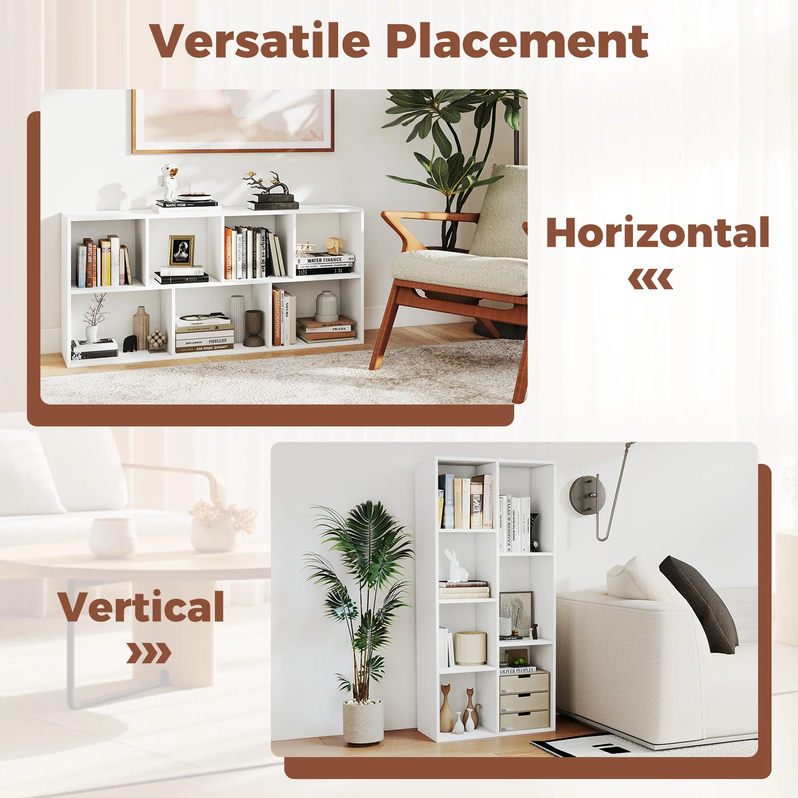 Vertical or Horizontal Freestanding Bookshelf with 7 Compartments, White - Image 10