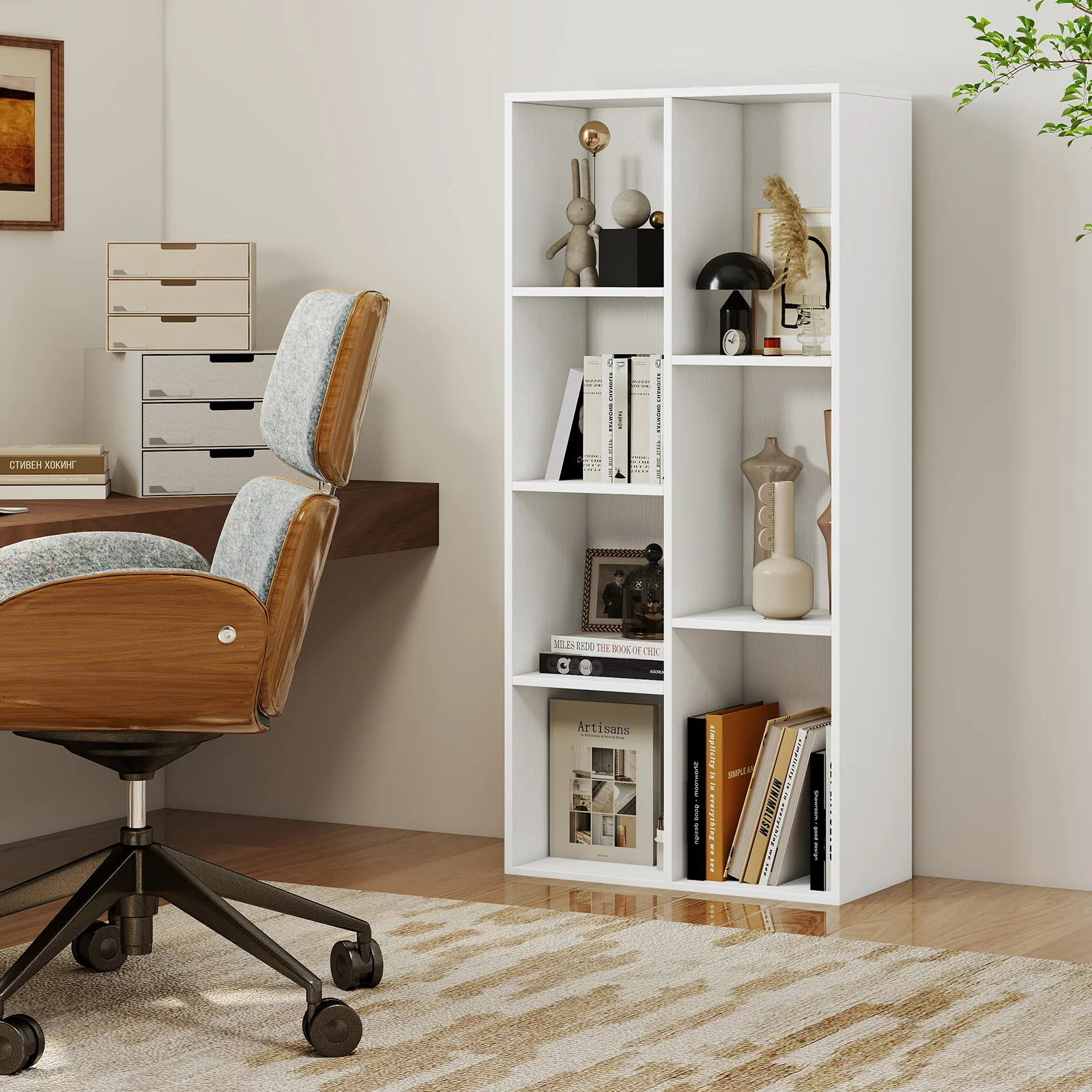 Vertical or Horizontal Freestanding Bookshelf with 7 Compartments, White - Image 2
