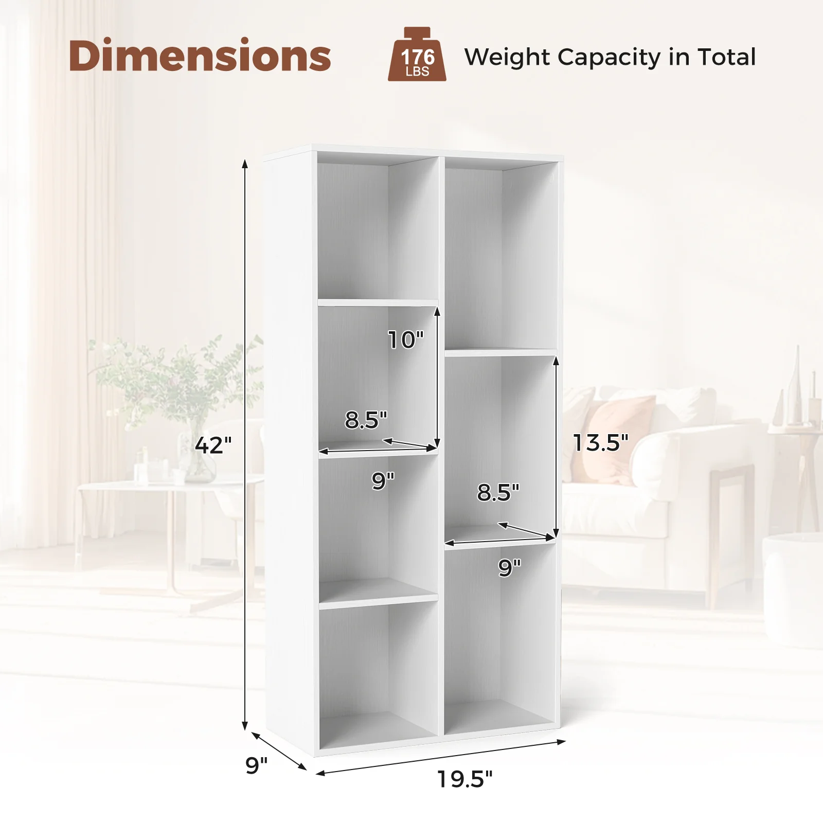 Vertical or Horizontal Freestanding Bookshelf with 7 Compartments, White - Image 6