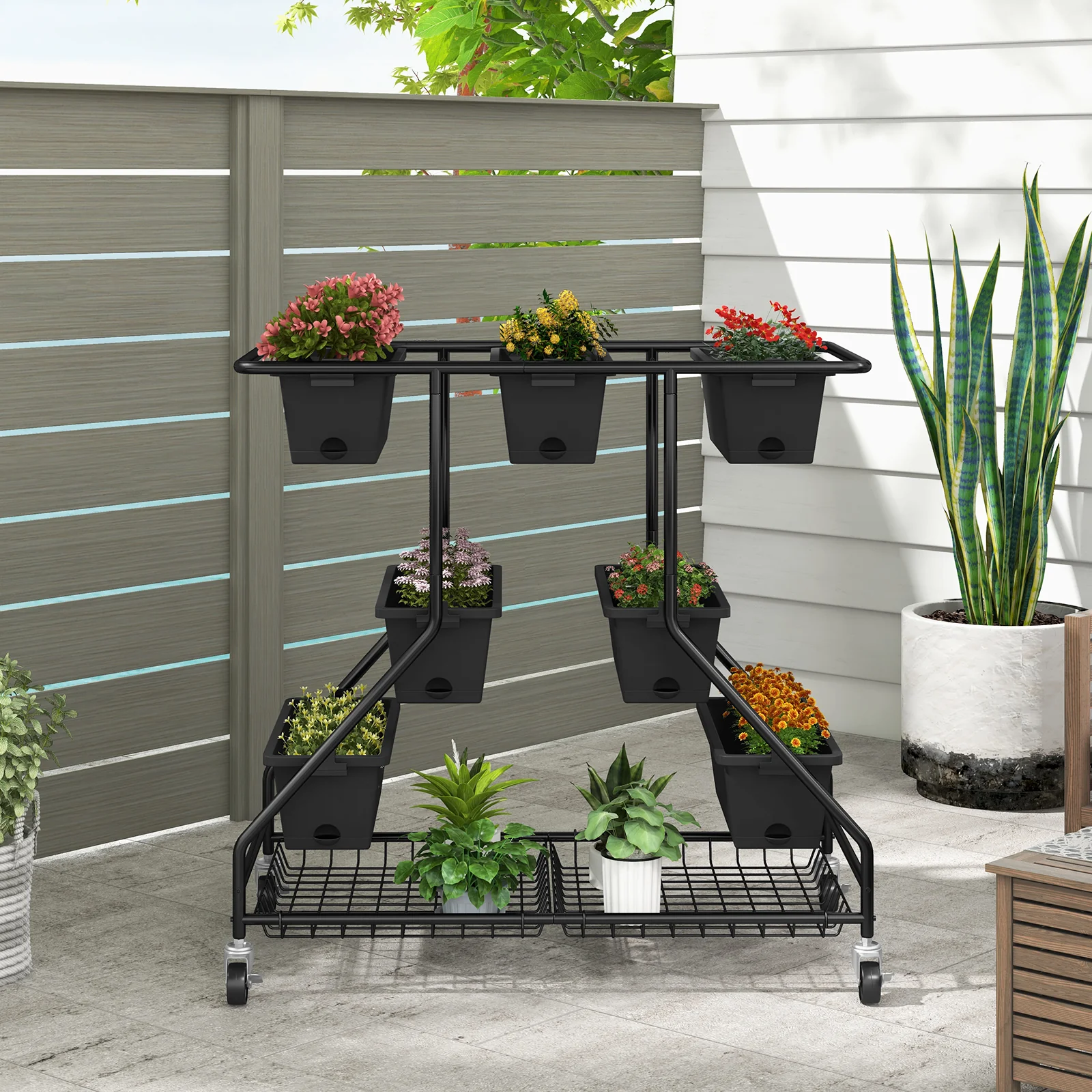 Vertical Raised Garden Bed, 7 Planter Boxes, Storage Baskets, Black - Image 3
