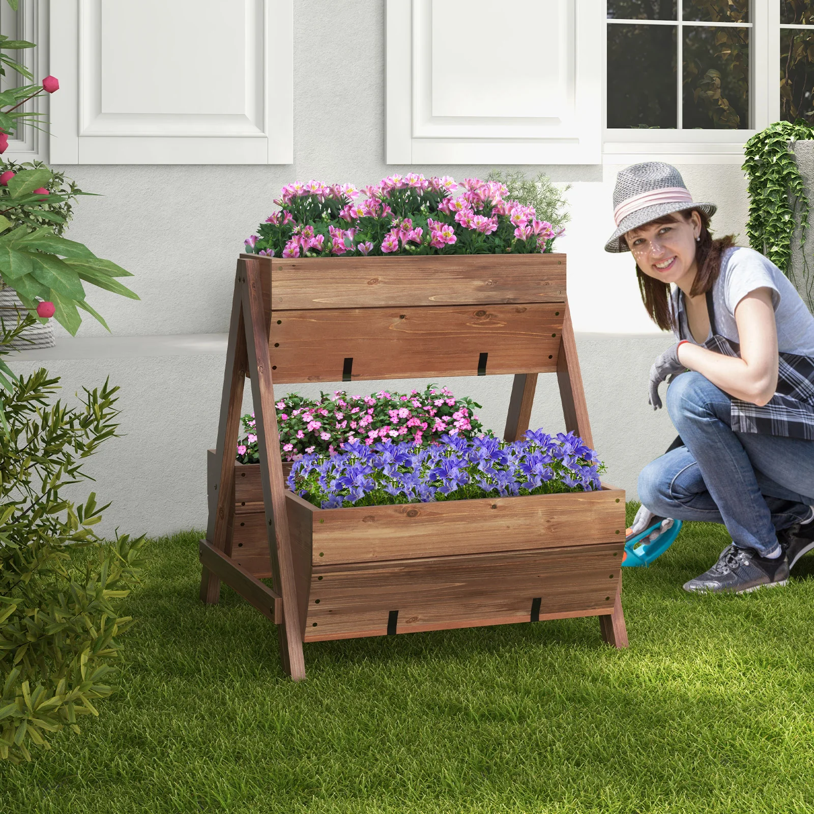 Vertical Raised Garden Bed With 3 Wooden Planter Boxes, S, Brown - Image 2