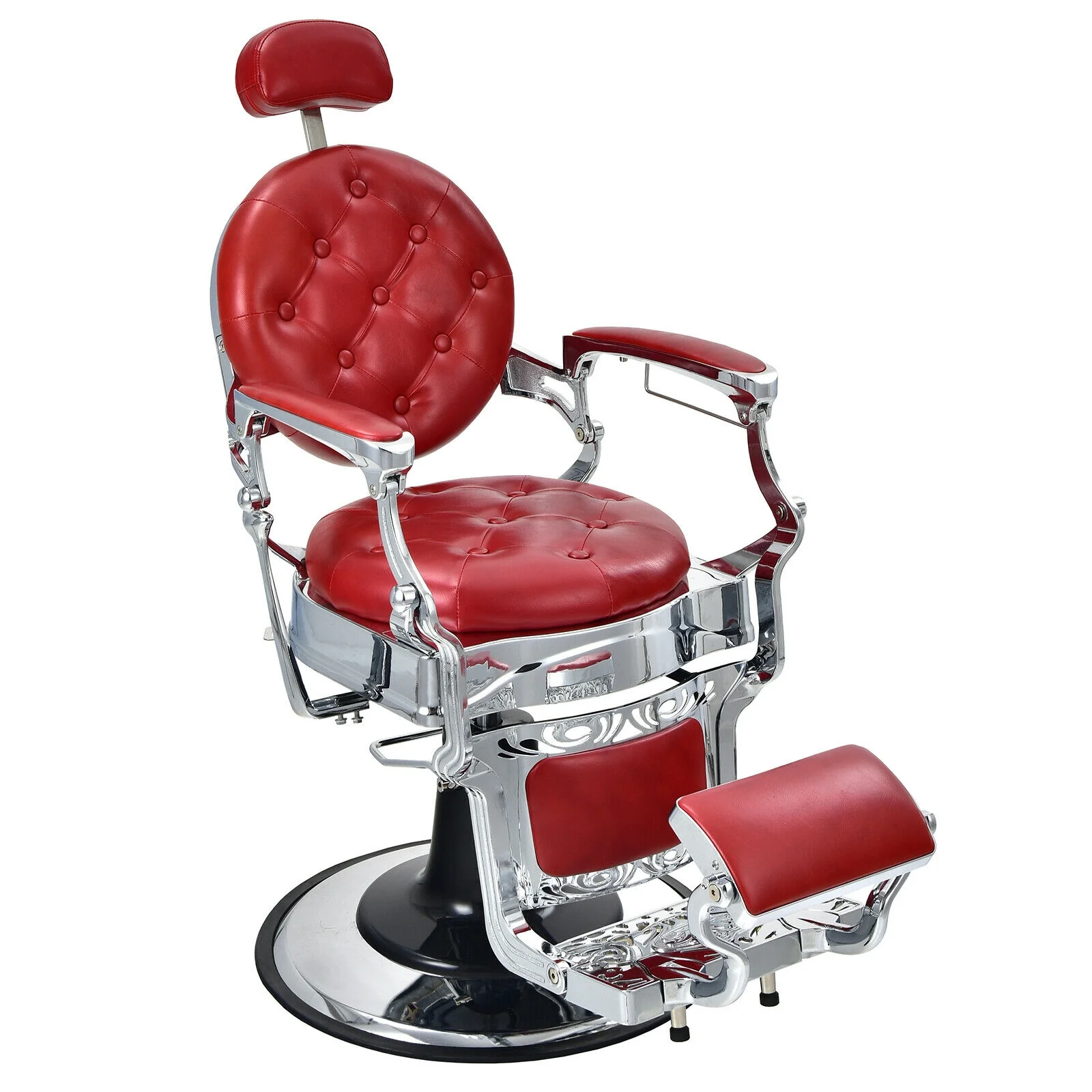 Vintage Barber Chair, Adjustable Height, Headrest, Red