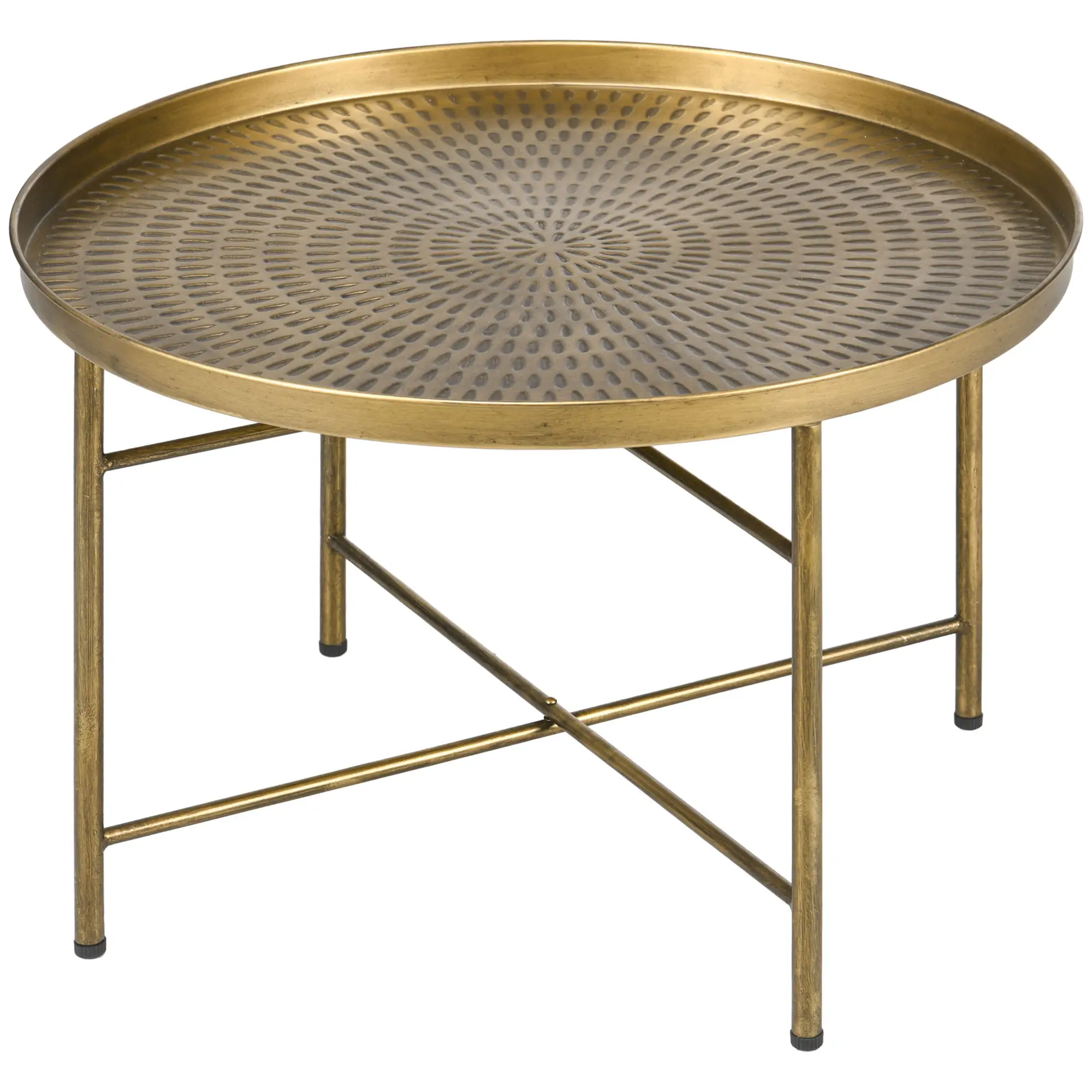Vintage Coffee Table for Living Room, 24" Round Center Table with Hammered Tray Top and Metal Frame, Gold