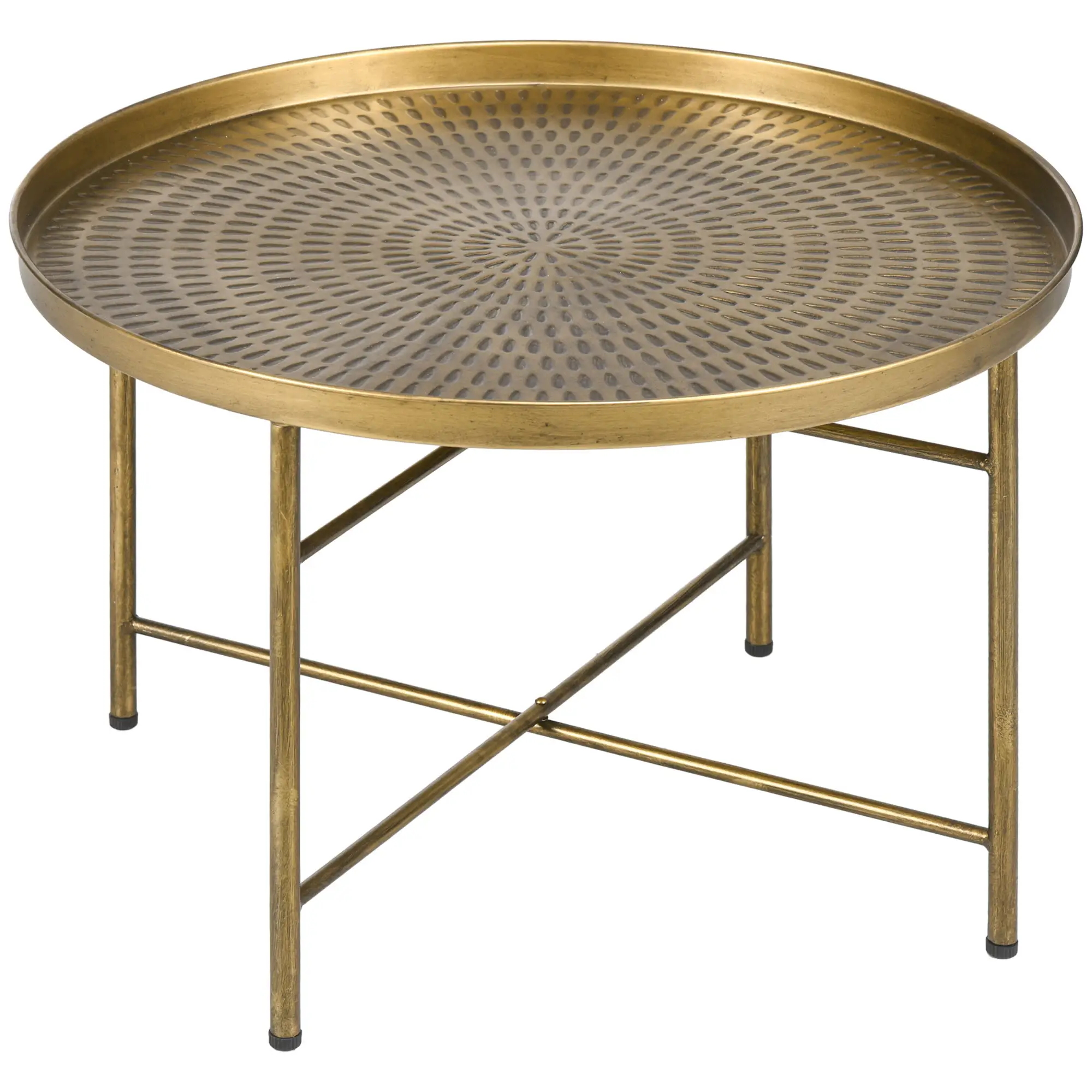 Vintage Coffee Table for Living Room, 24" Round Center Table with Hammered Tray Top and Metal Frame, Gold - Image 11