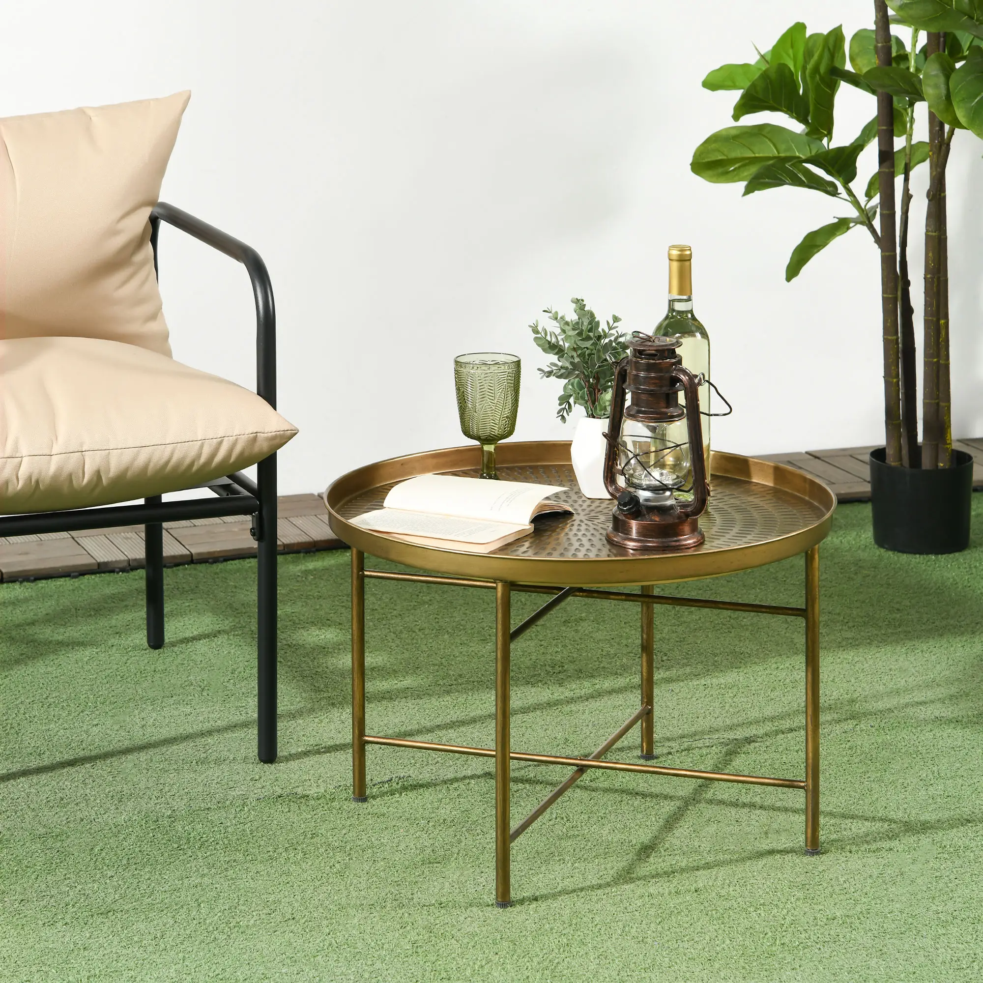 Vintage Coffee Table for Living Room, 24" Round Center Table with Hammered Tray Top and Metal Frame, Gold - Image 2