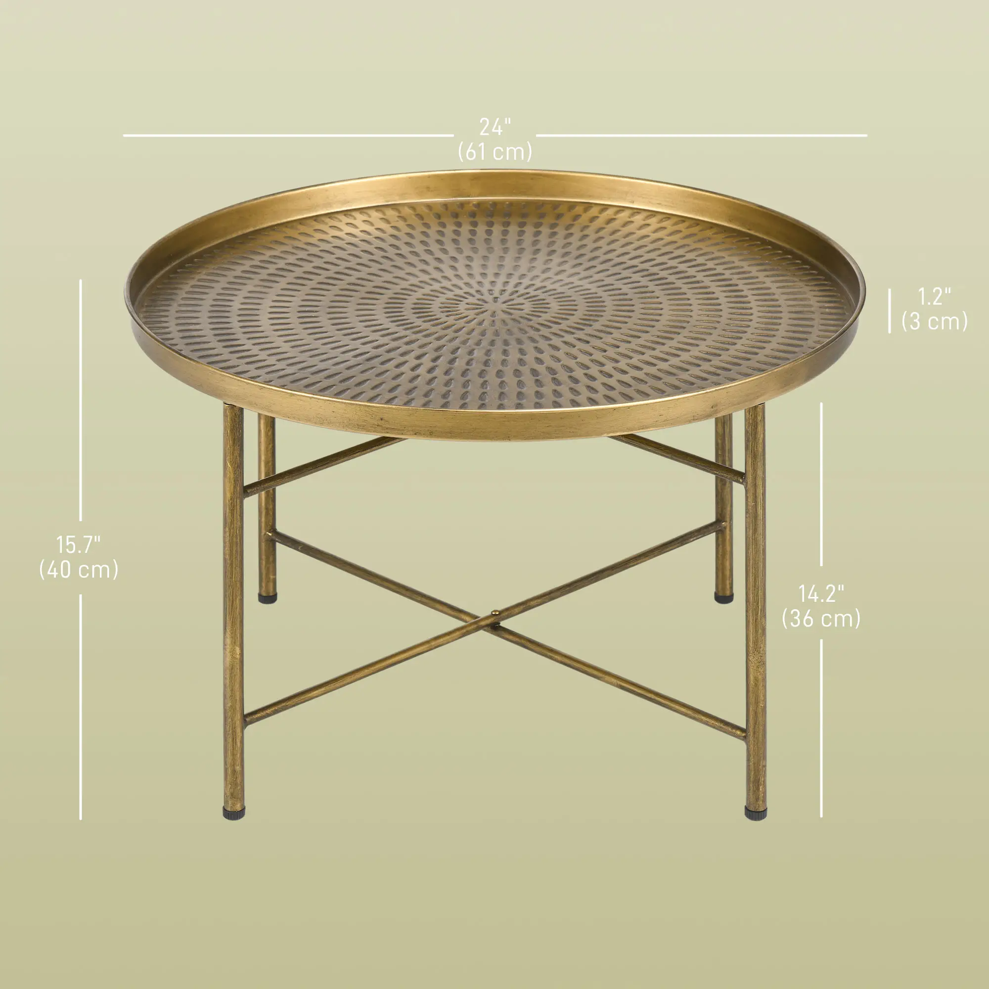 Vintage Coffee Table for Living Room, 24" Round Center Table with Hammered Tray Top and Metal Frame, Gold - Image 3