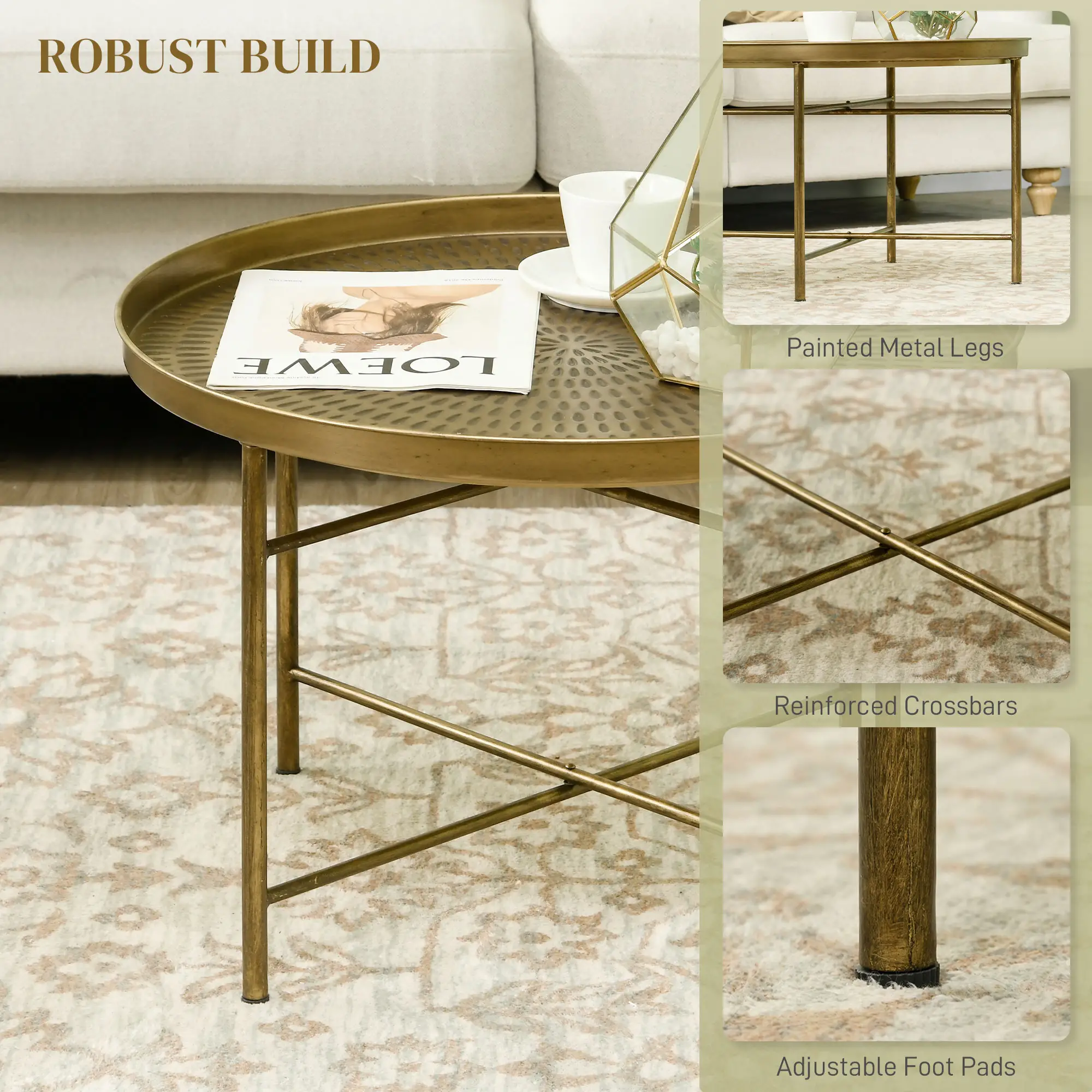 Vintage Coffee Table for Living Room, 24" Round Center Table with Hammered Tray Top and Metal Frame, Gold - Image 5