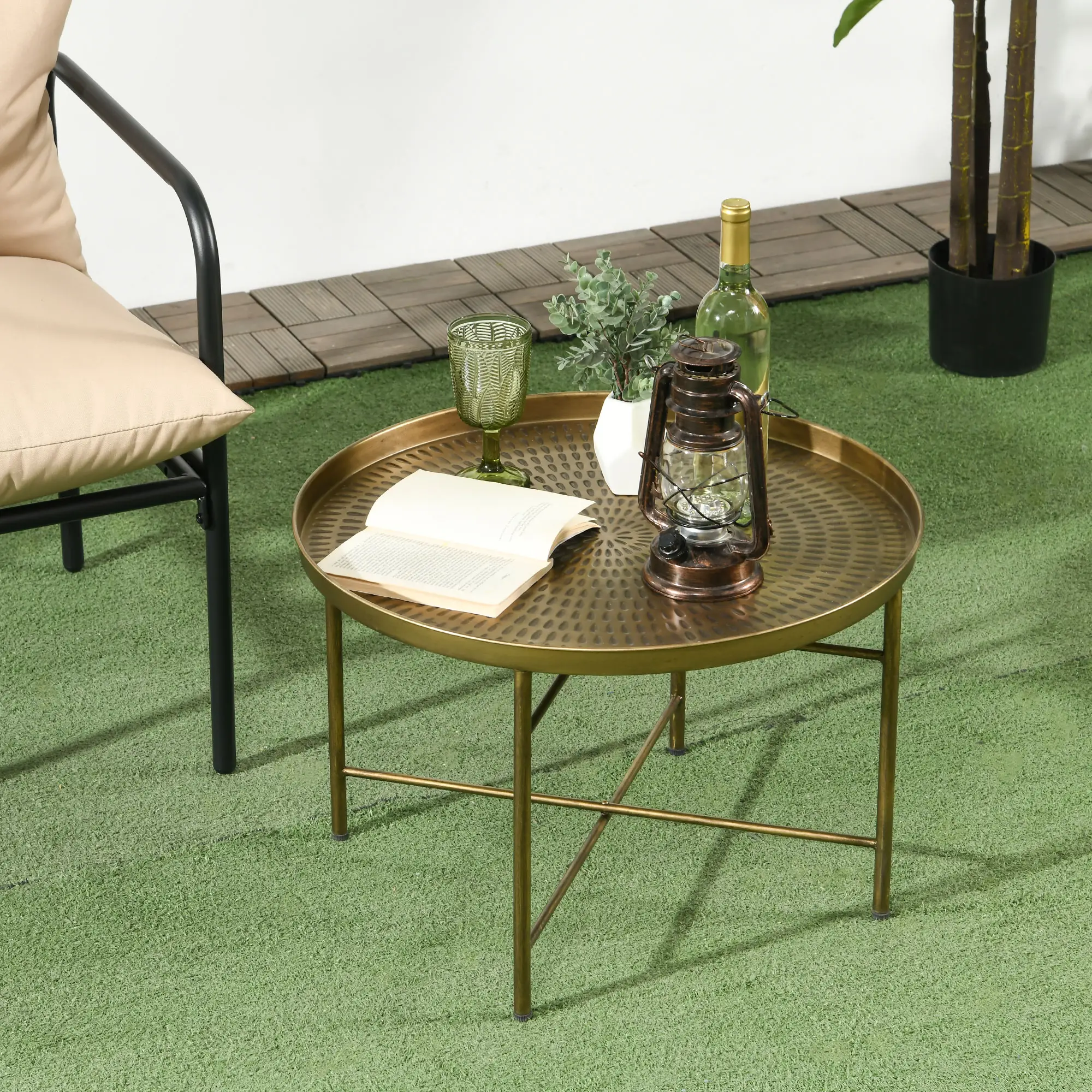 Vintage Coffee Table for Living Room, 24" Round Center Table with Hammered Tray Top and Metal Frame, Gold - Image 7