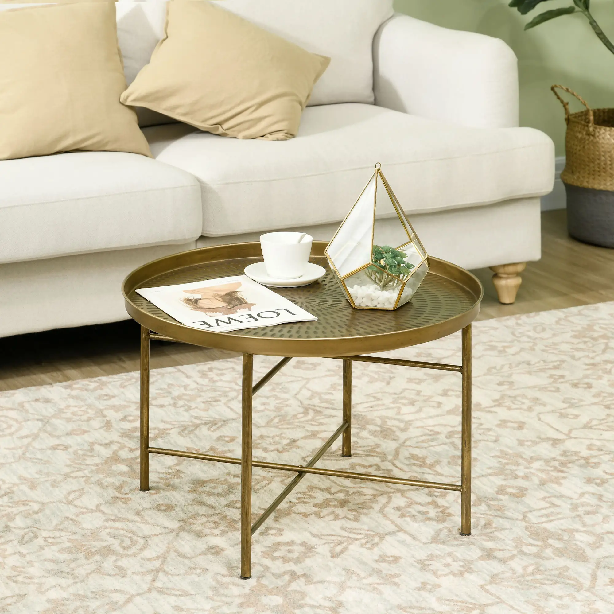 Vintage Coffee Table for Living Room, 24" Round Center Table with Hammered Tray Top and Metal Frame, Gold - Image 8