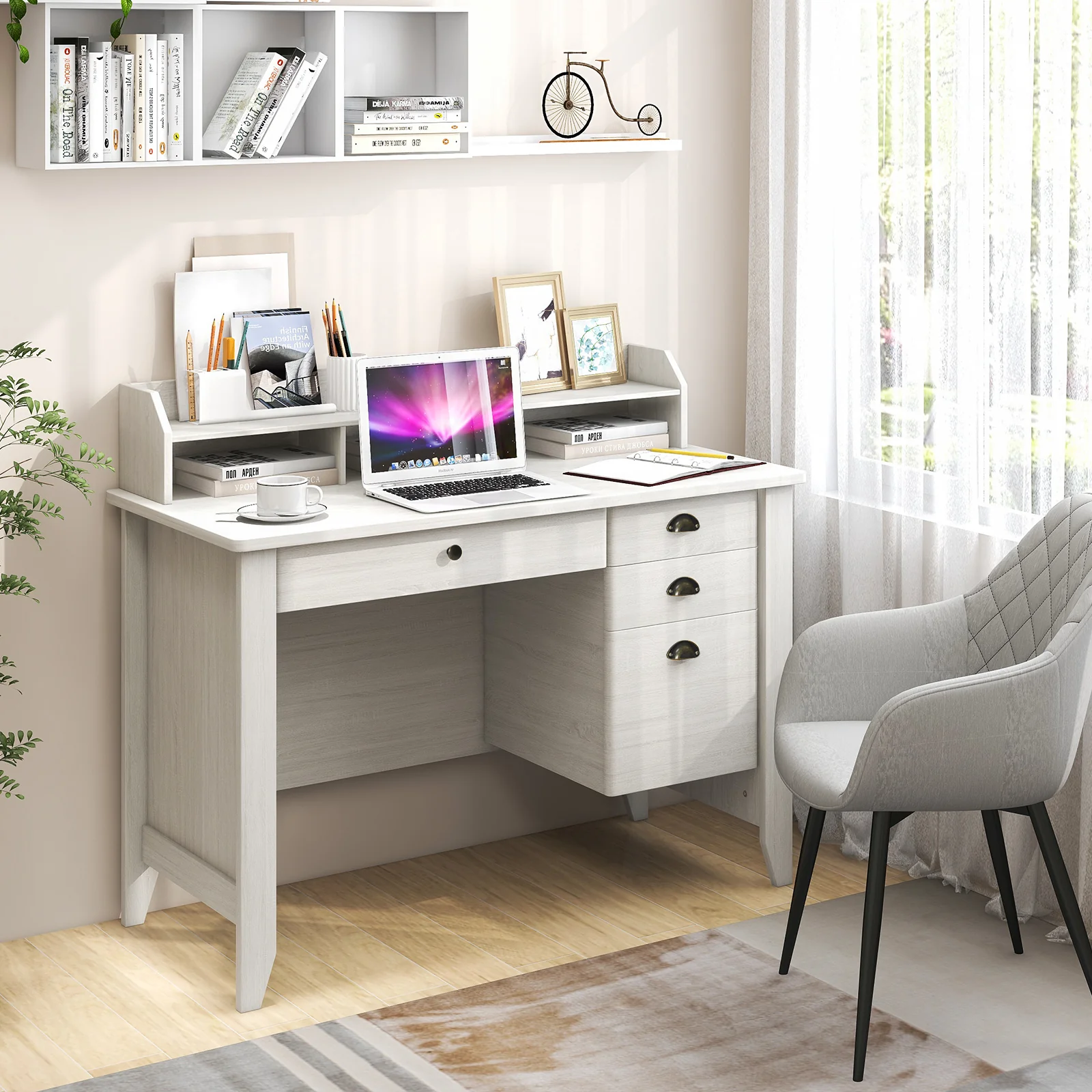 Vintage Computer Desk With Storage Shelves And 4 Drawers, White - Image 3