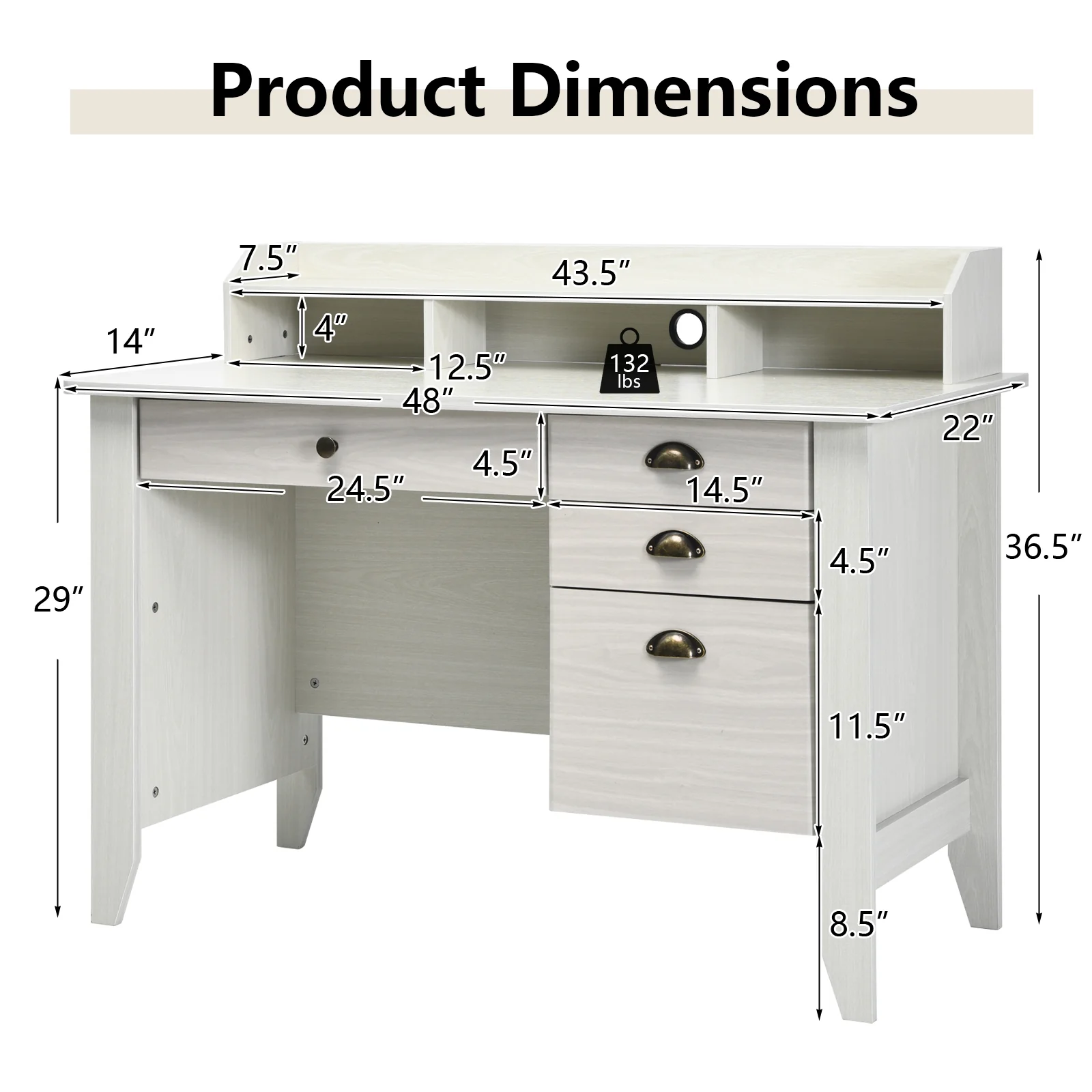 Vintage Computer Desk With Storage Shelves And 4 Drawers, White - Image 6