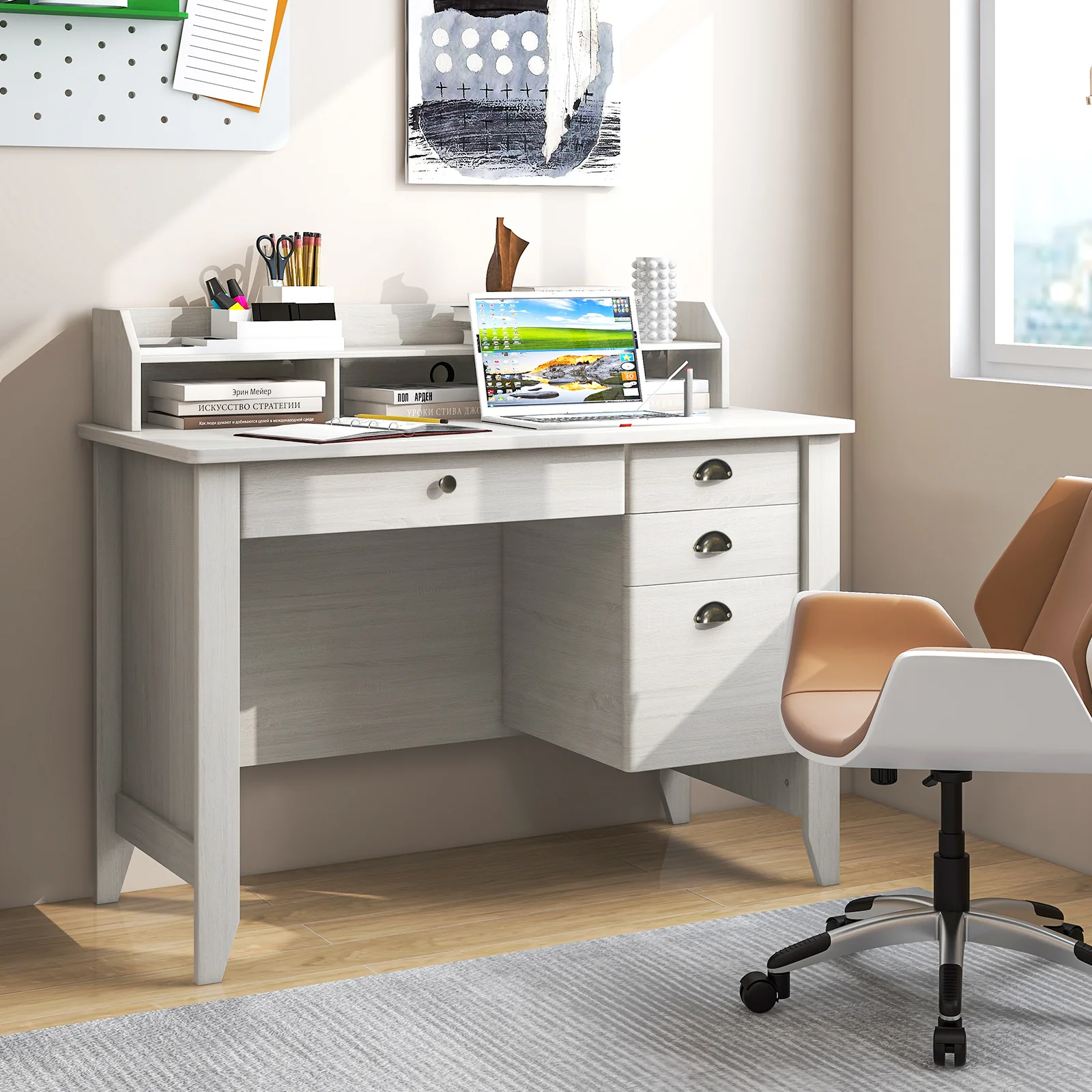 Vintage Computer Desk With Storage Shelves And 4 Drawers, White - Image 7