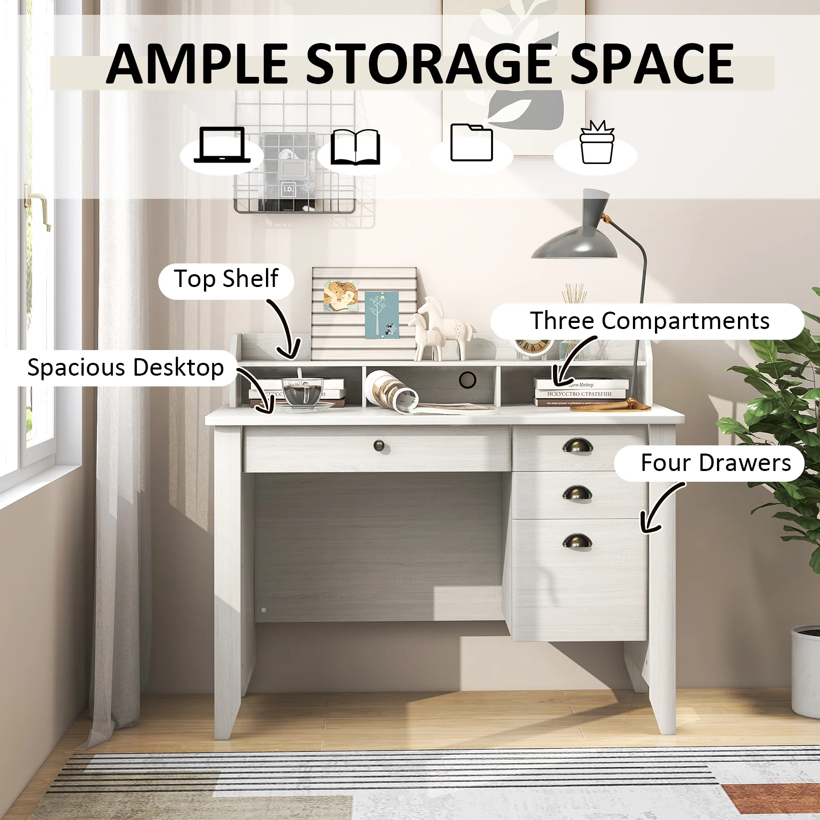 Vintage Computer Desk With Storage Shelves And 4 Drawers, White - Image 8