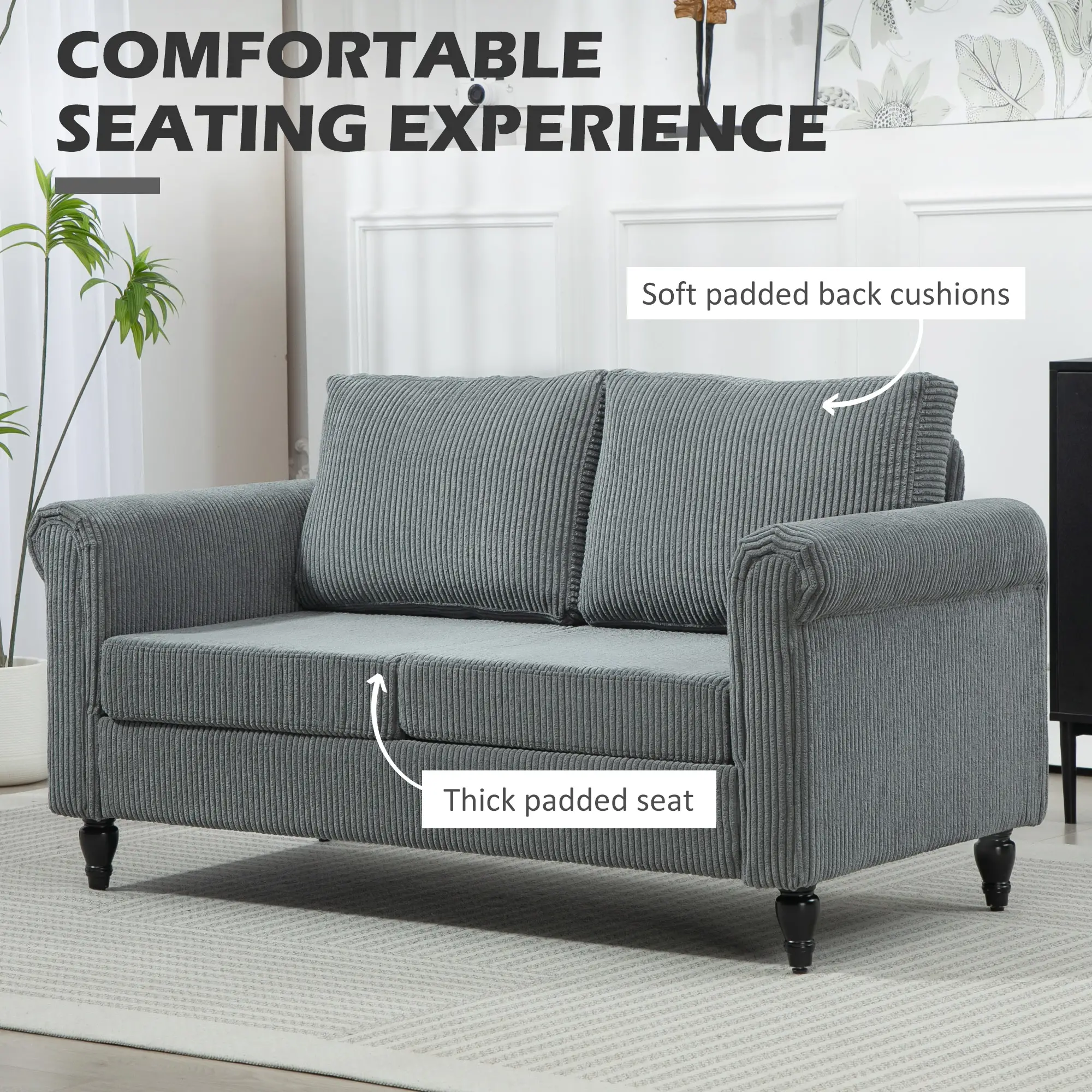 Vintage Loveseat, Fabric 2 Seater Sofa, Rolled Arms, Rubber Wood Legs, Grey - Image 4