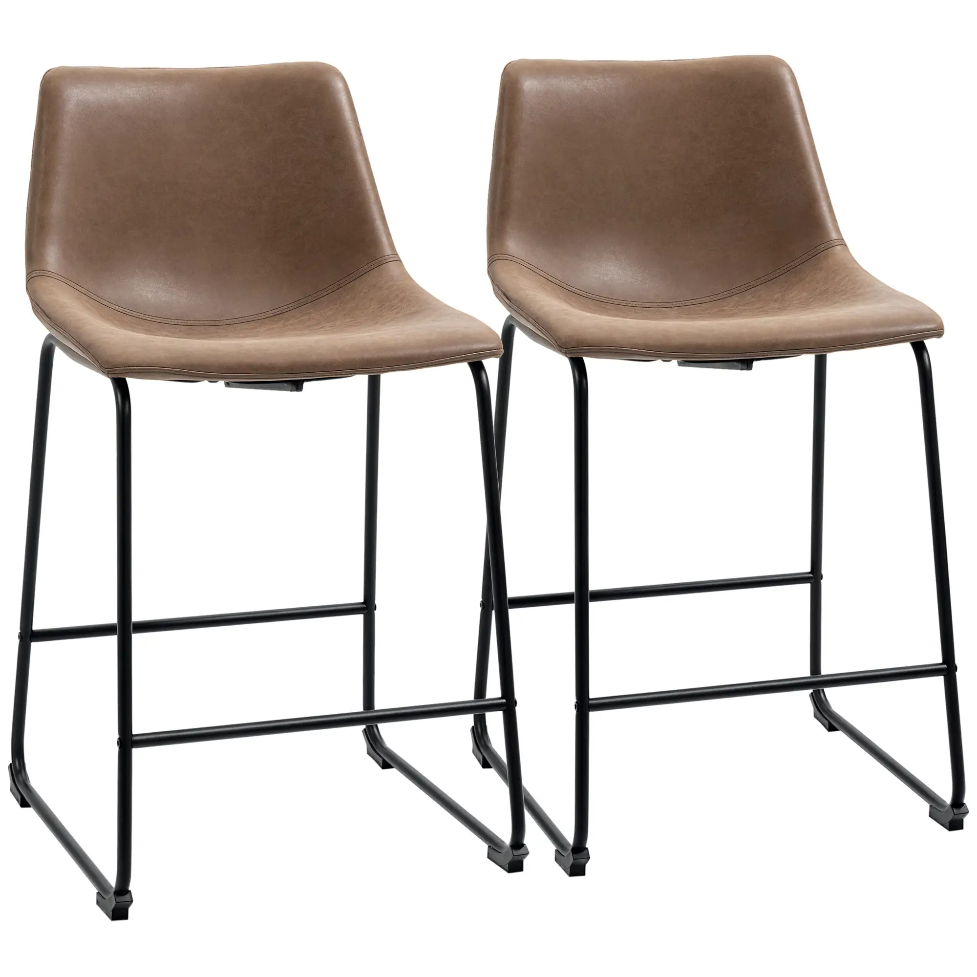 Vintage PU Leather Bar Stools, Set of 2, Counter Height, Brown