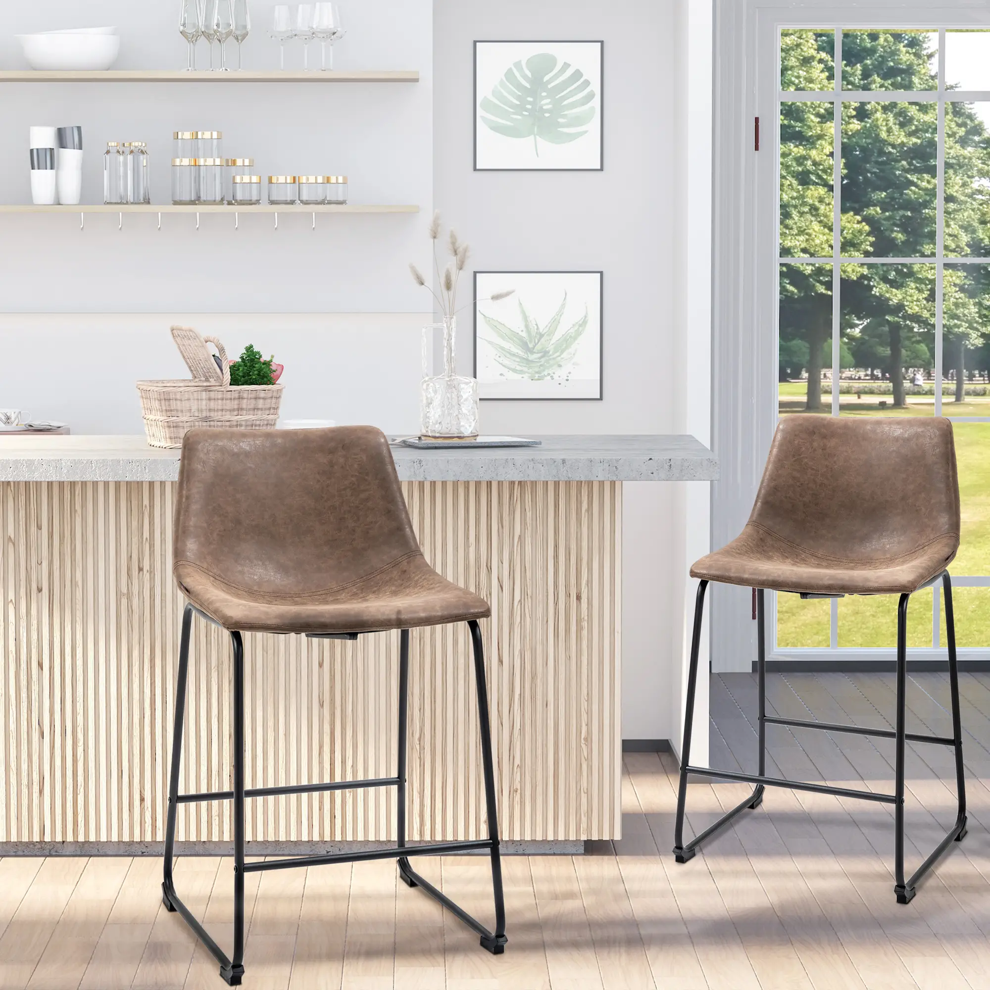 Vintage PU Leather Bar Stools, Set of 2, Counter Height, Brown - Image 2