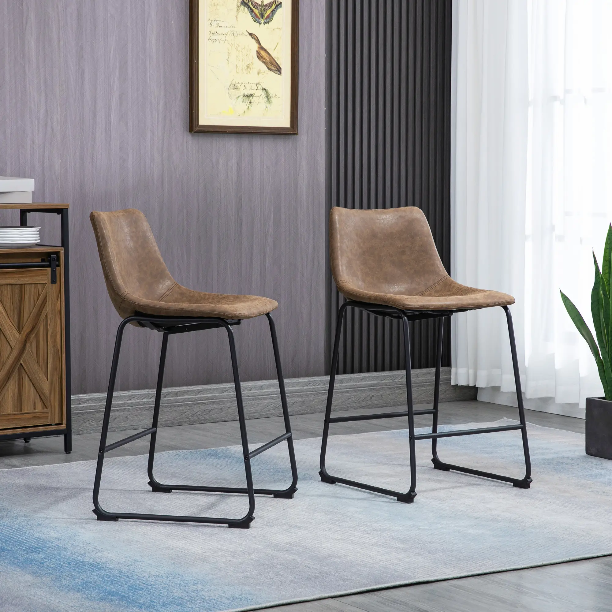 Vintage PU Leather Bar Stools, Set of 2, Counter Height, Brown - Image 8