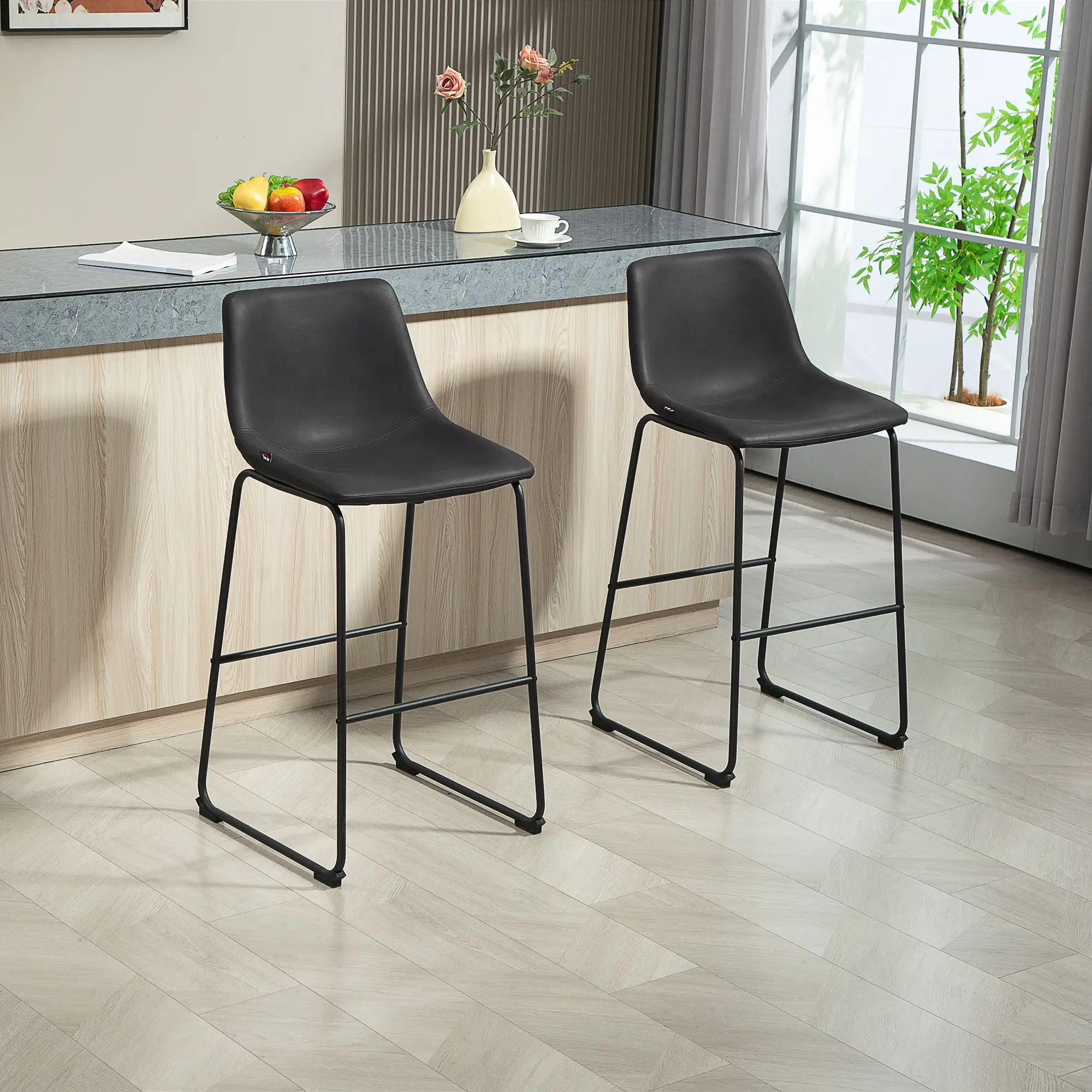 Vintage PU Leather Counter Height Bar Stools, Set of 2, Dark Brown - Image 2