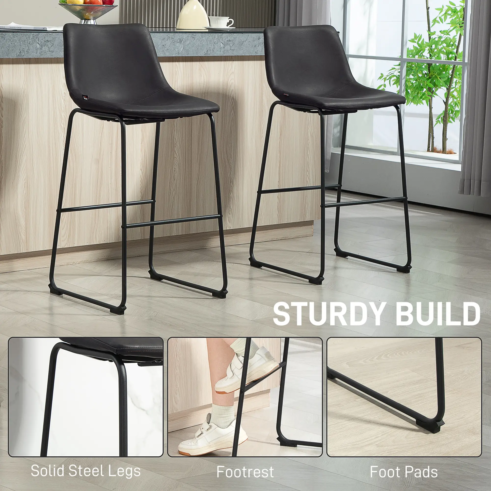 Vintage PU Leather Counter Height Bar Stools, Set of 2, Dark Brown - Image 5