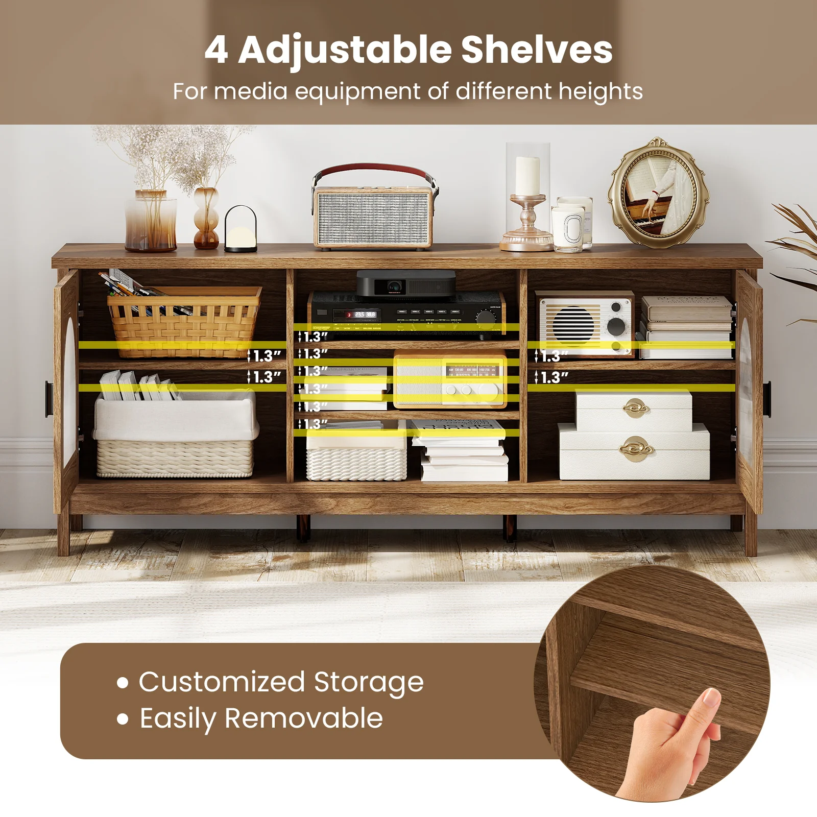 Vintage TV Cabinet, Adjustable Shelves, 2 Cable Holes, 65 Inches, Walnut - Image 7