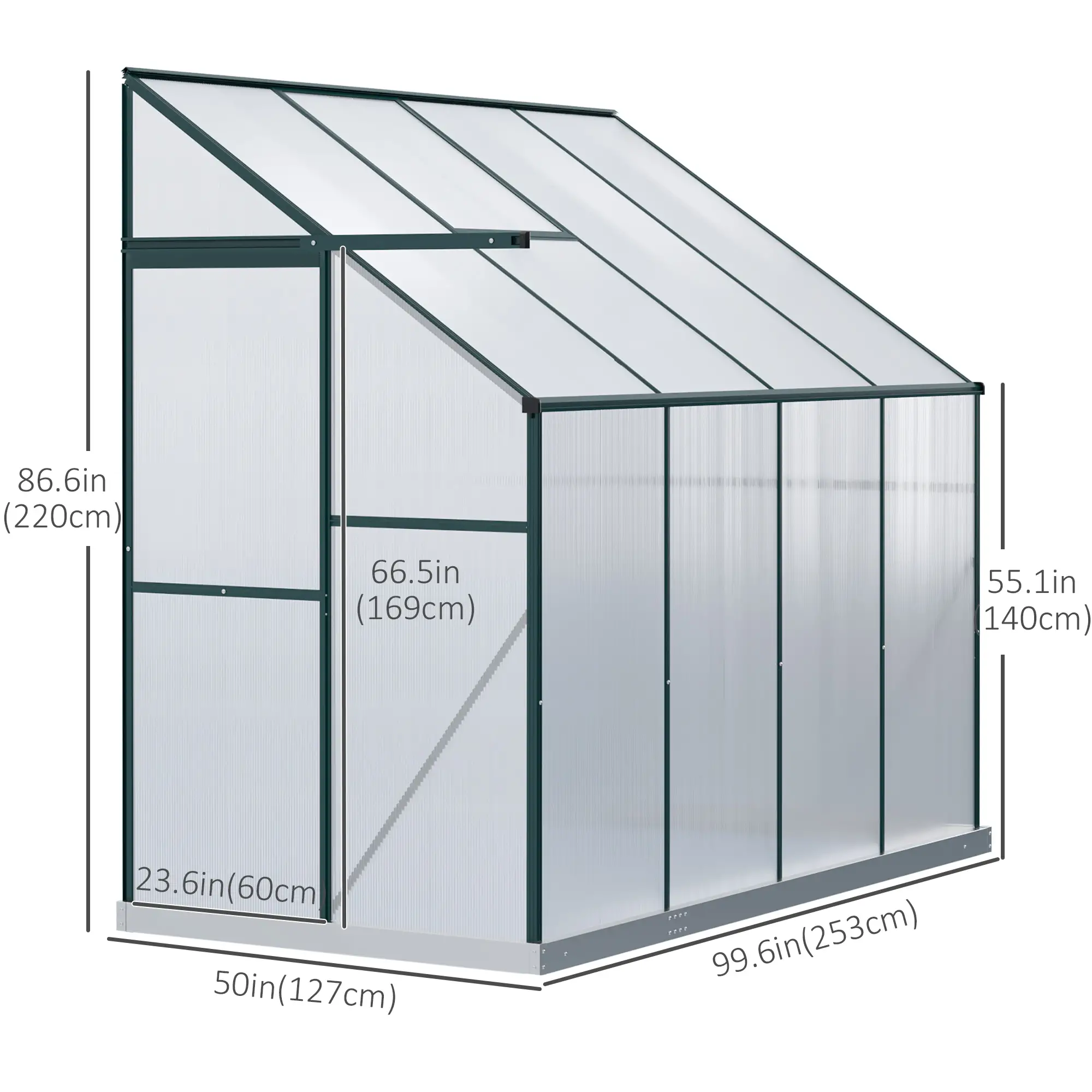 Walk-In Garden Greenhouse, Aluminum Polycarbonate, Roof Vent, 8' x 4' x 7', Silver - Image 3