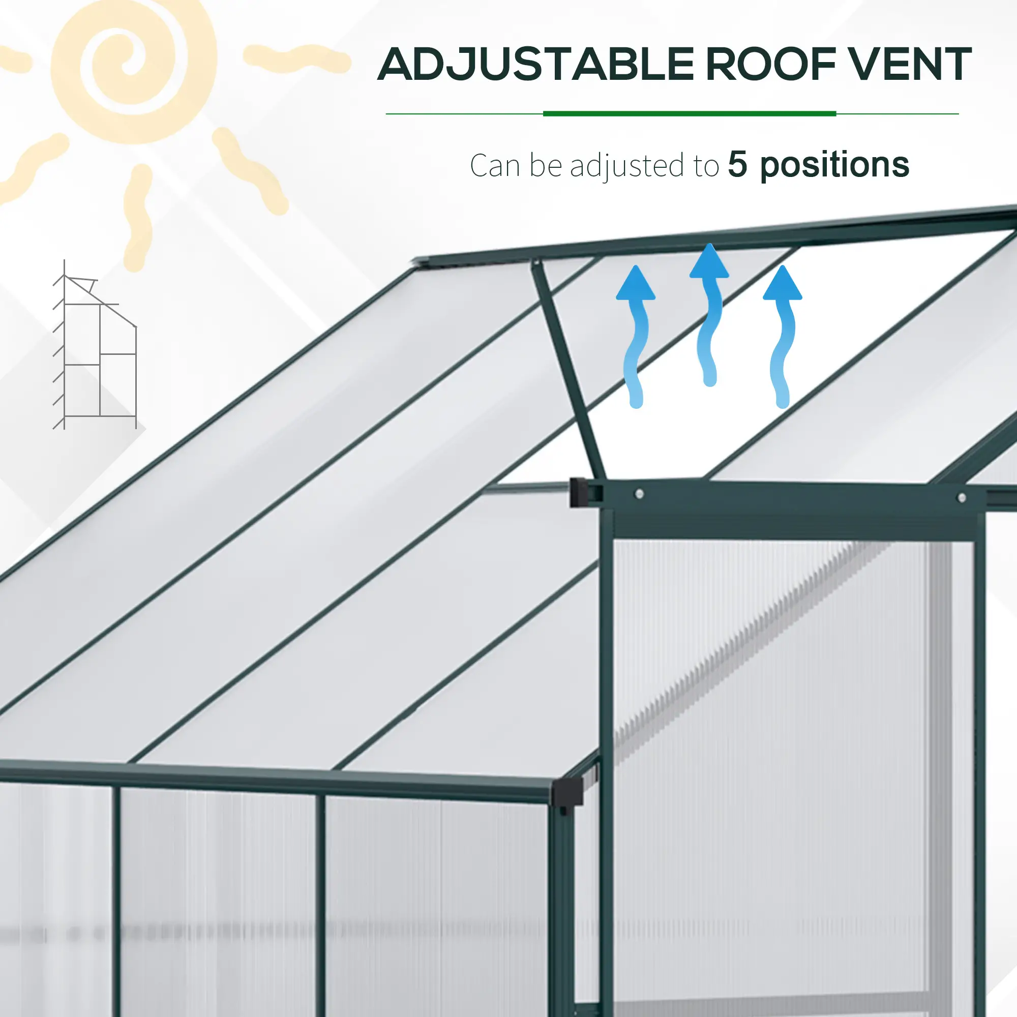 Walk-In Garden Greenhouse, Aluminum Polycarbonate, Roof Vent, 8' x 4' x 7', Silver - Image 4