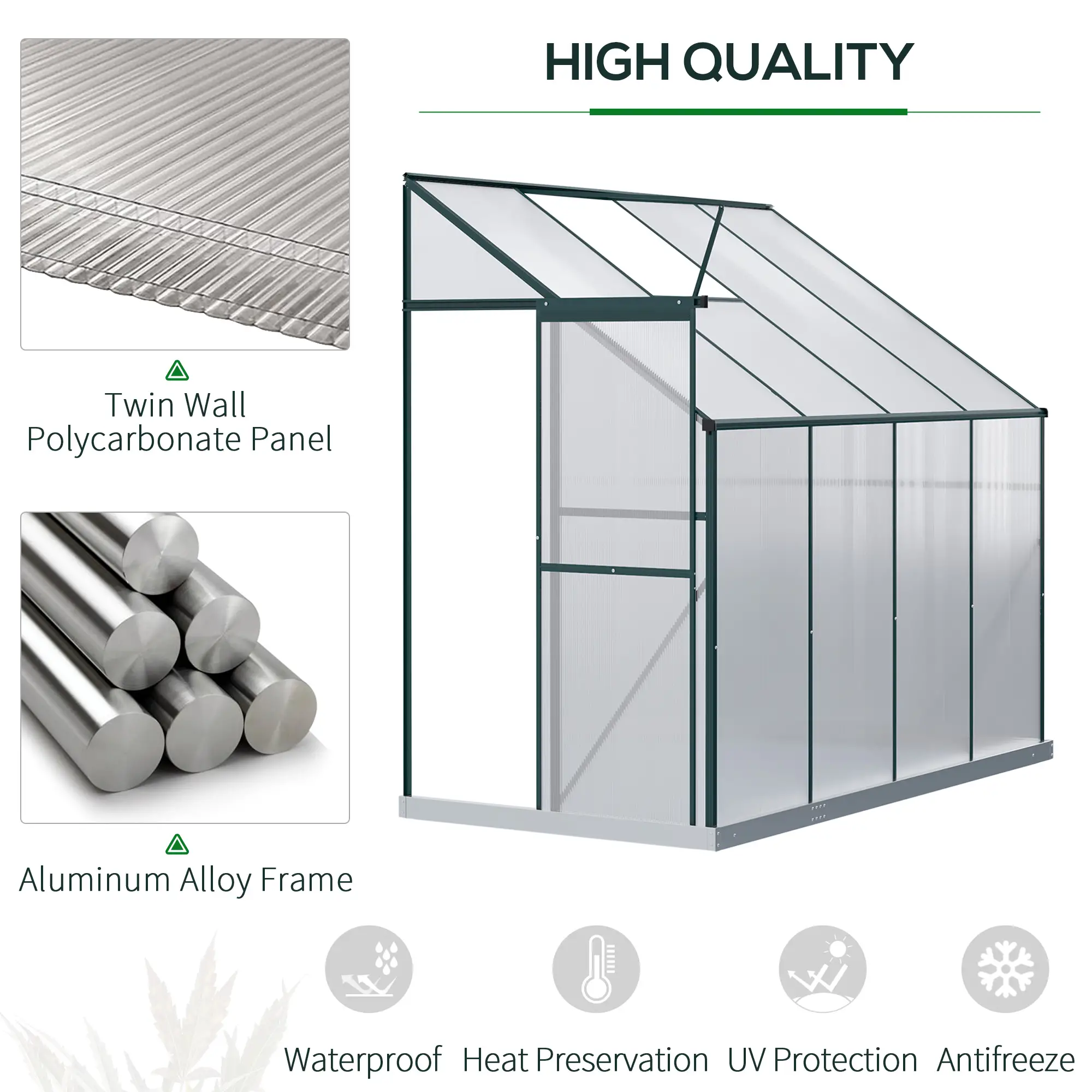 Walk-In Garden Greenhouse, Aluminum Polycarbonate, Roof Vent, 8' x 4' x 7', Silver - Image 6