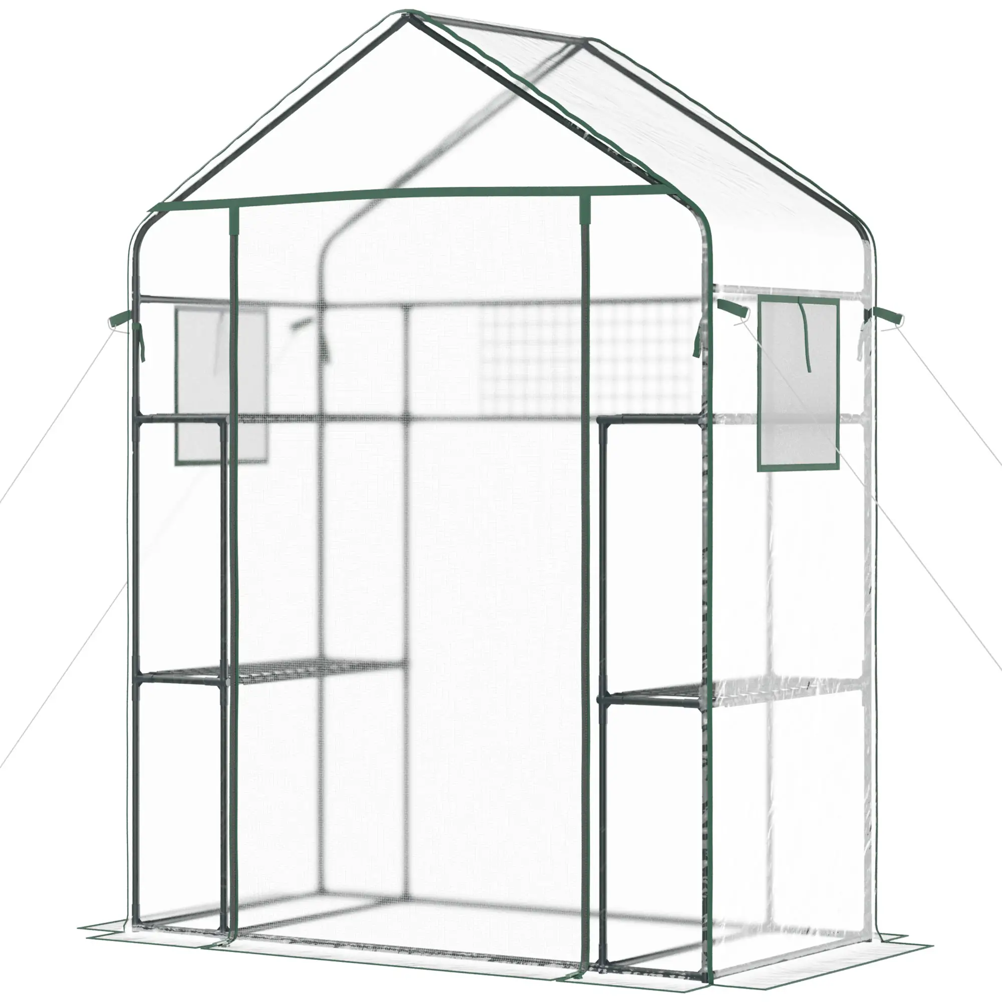Walk-In Greenhouse, 56" x 29" x 77", 4 Shelves, Roll-Up Door, Mesh Windows, Clear