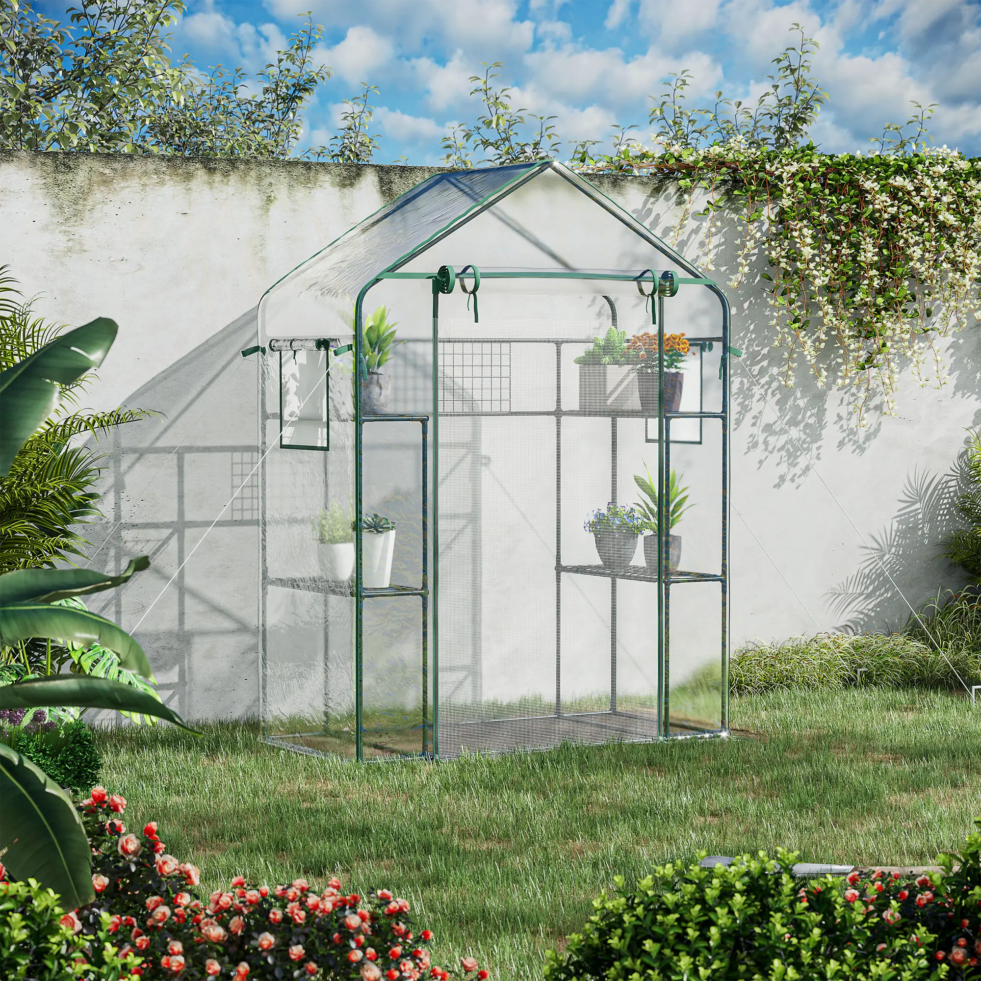 Walk-In Greenhouse, 56" x 29" x 77", 4 Shelves, Roll-Up Door, Mesh Windows, Clear - Image 2