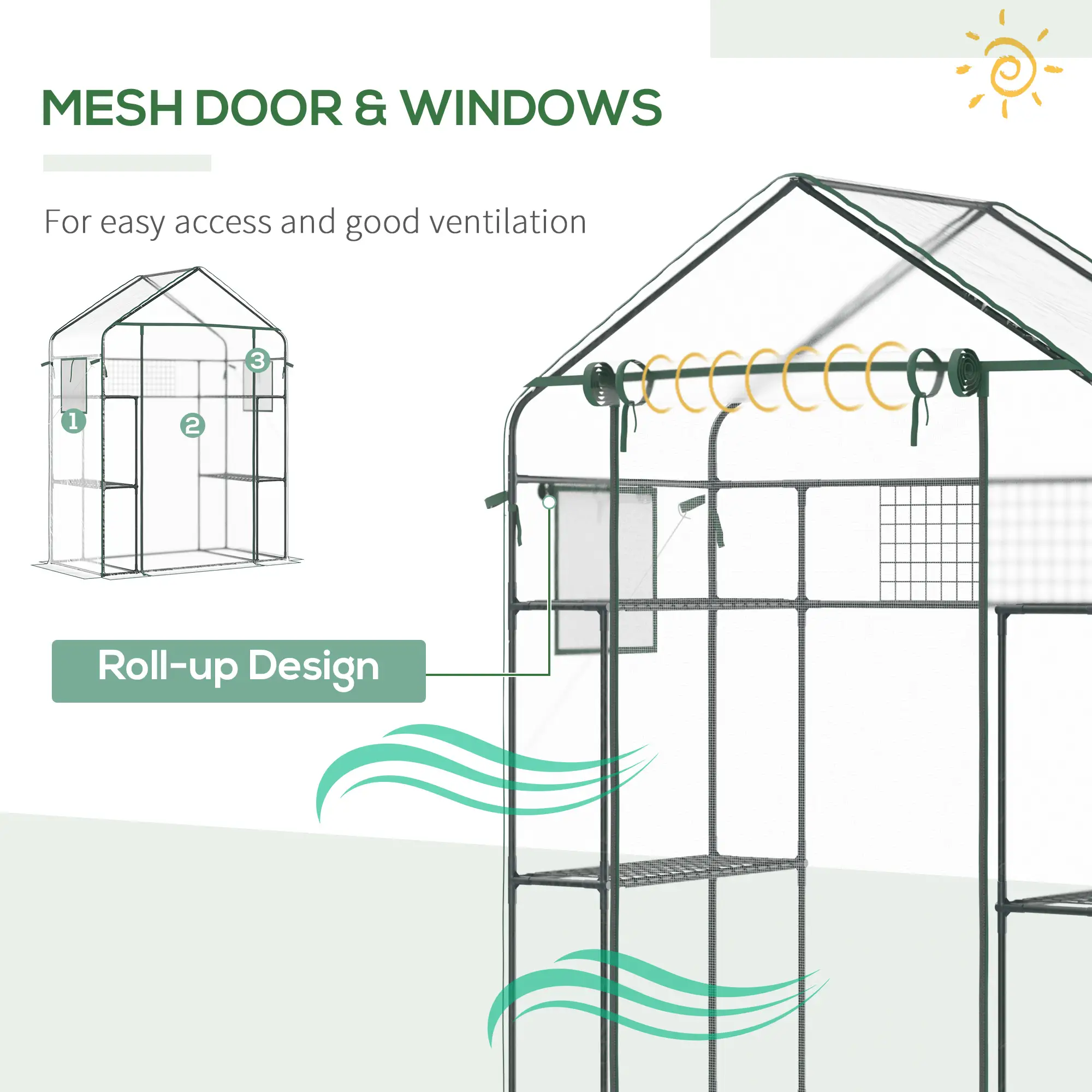 Walk-In Greenhouse, 56" x 29" x 77", 4 Shelves, Roll-Up Door, Mesh Windows, Clear - Image 4