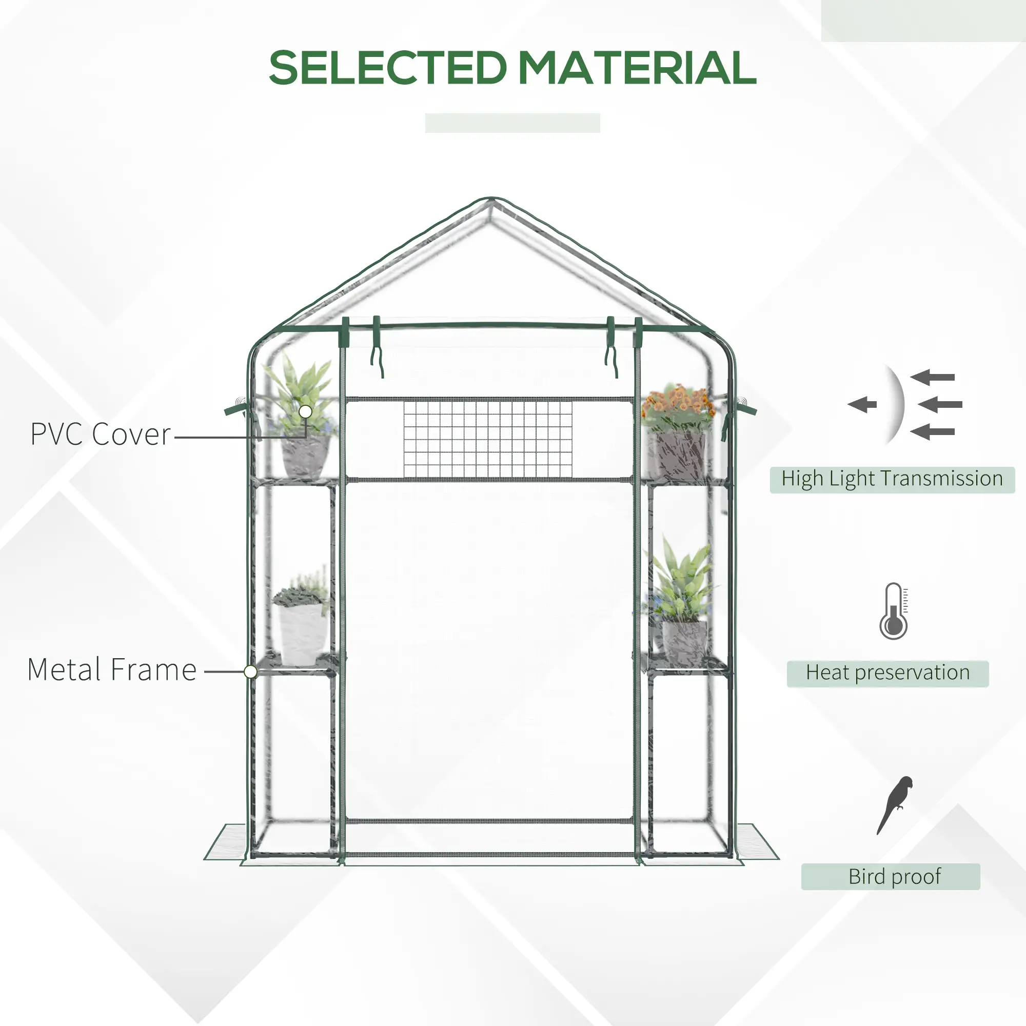 Walk-In Greenhouse, 56" x 29" x 77", 4 Shelves, Roll-Up Door, Mesh Windows, Clear - Image 6
