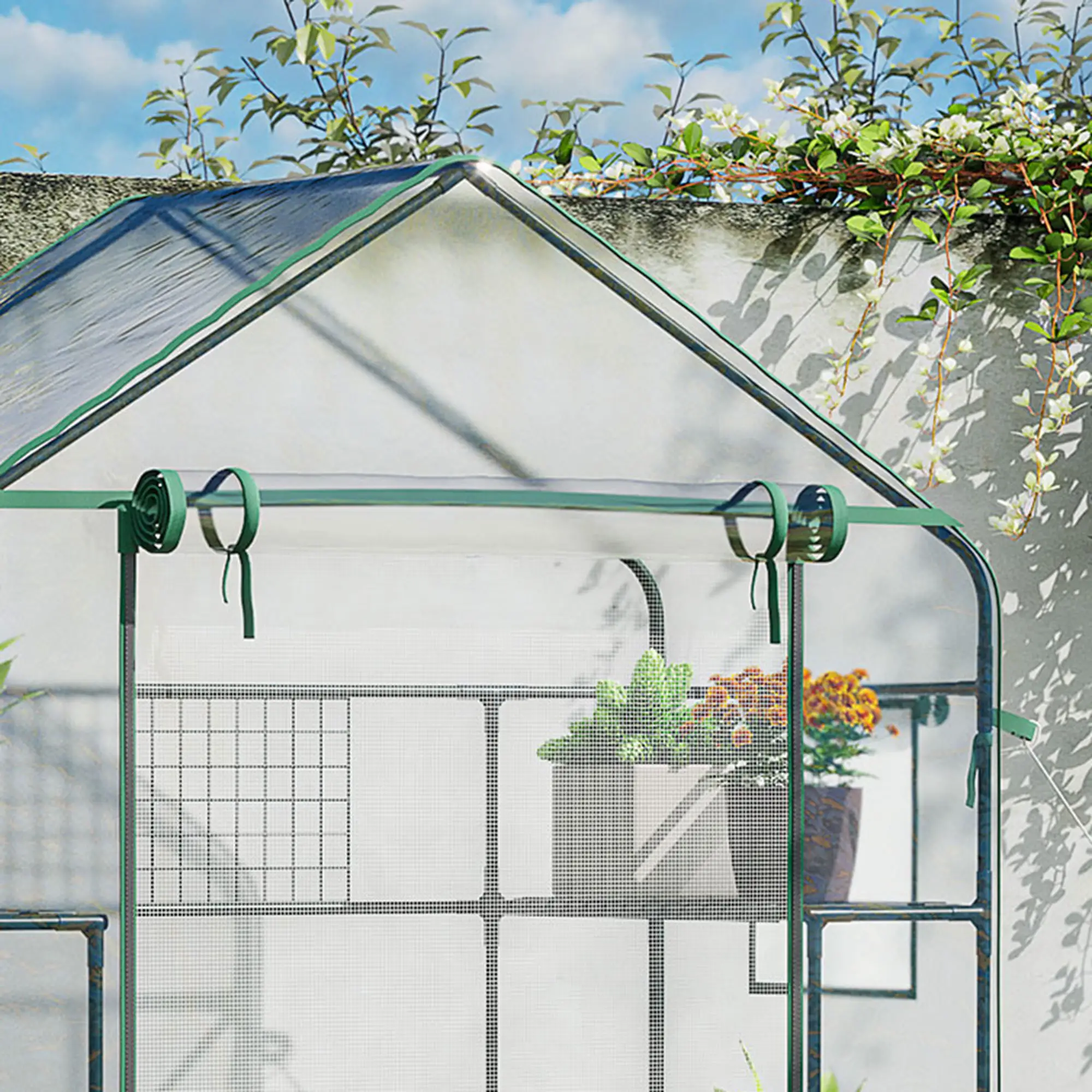 Walk-In Greenhouse, 56" x 29" x 77", 4 Shelves, Roll-Up Door, Mesh Windows, Clear - Image 9