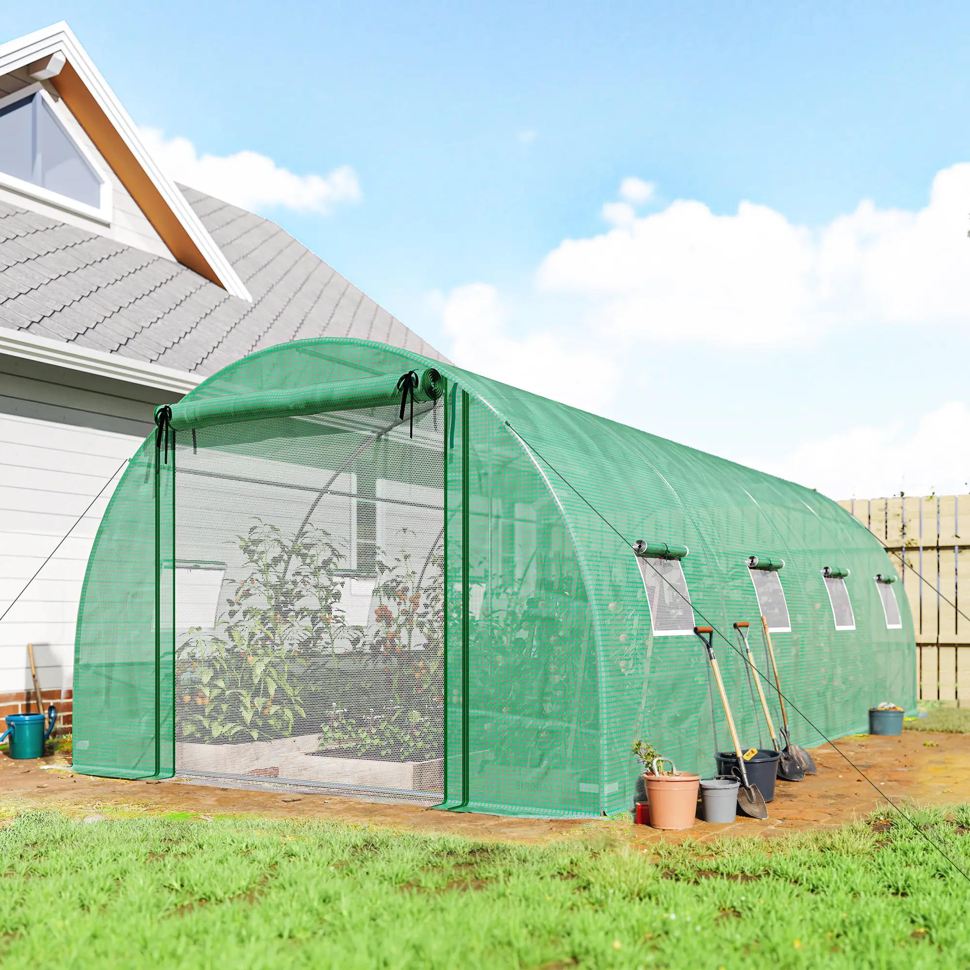 Walk-in Tunnel Greenhouse, 20'x10'x7', PE Cover, Mesh Door, Green - Image 2