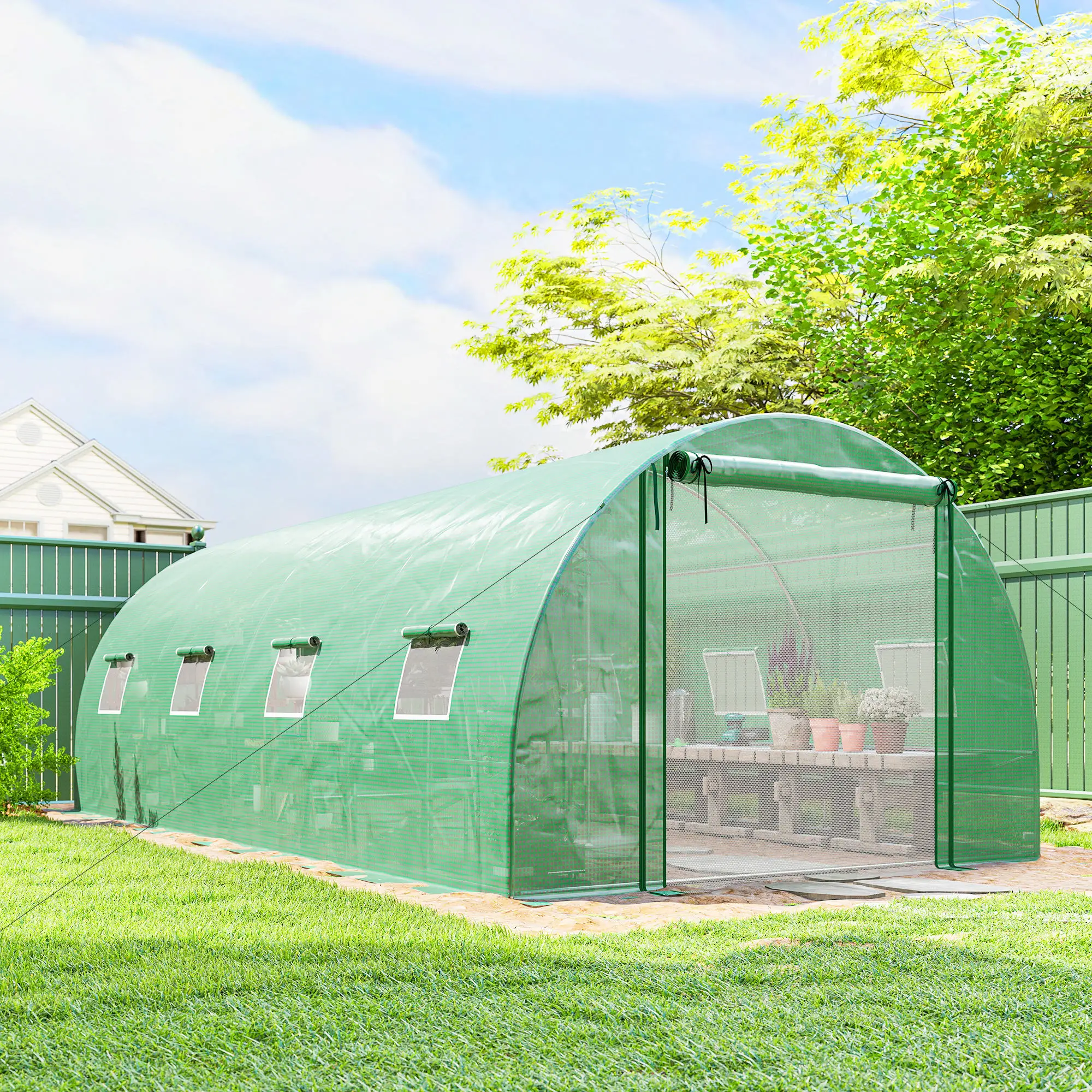 Walk-in Tunnel Greenhouse, 20'x10'x7', PE Cover, Mesh Door, Green - Image 8