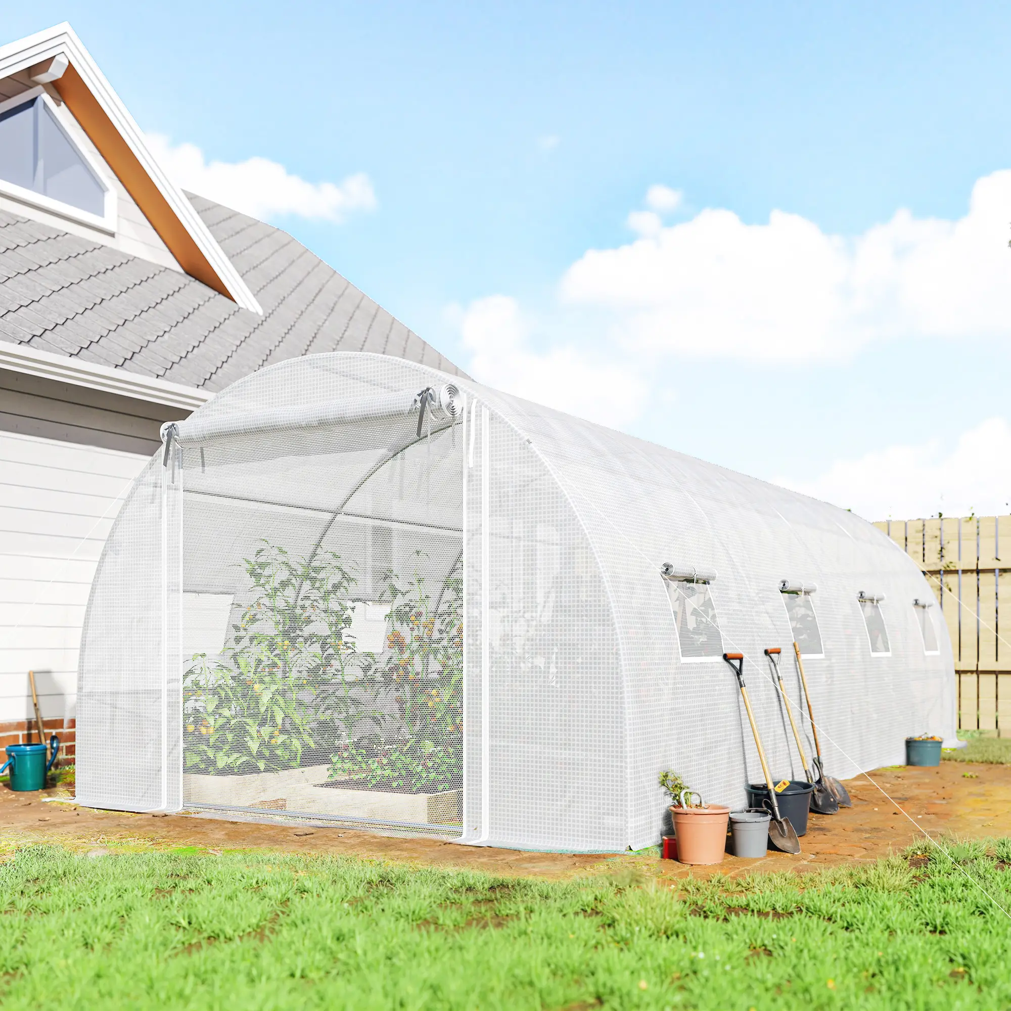 Walk-in Tunnel Greenhouse, 20'x10'x7', Mesh Door, PE Cover, White - Image 2