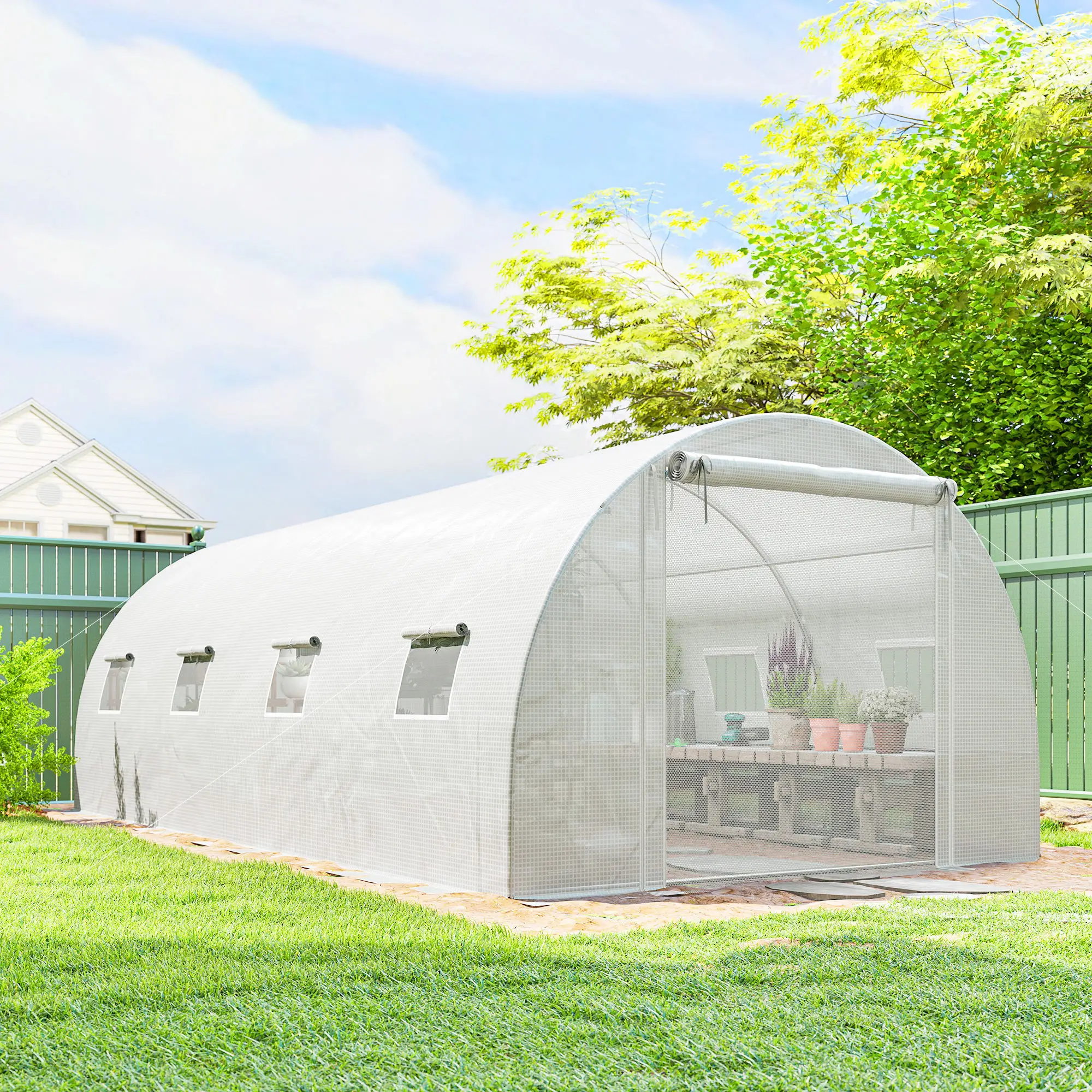 Walk-in Tunnel Greenhouse, 20'x10'x7', Mesh Door, PE Cover, White - Image 8