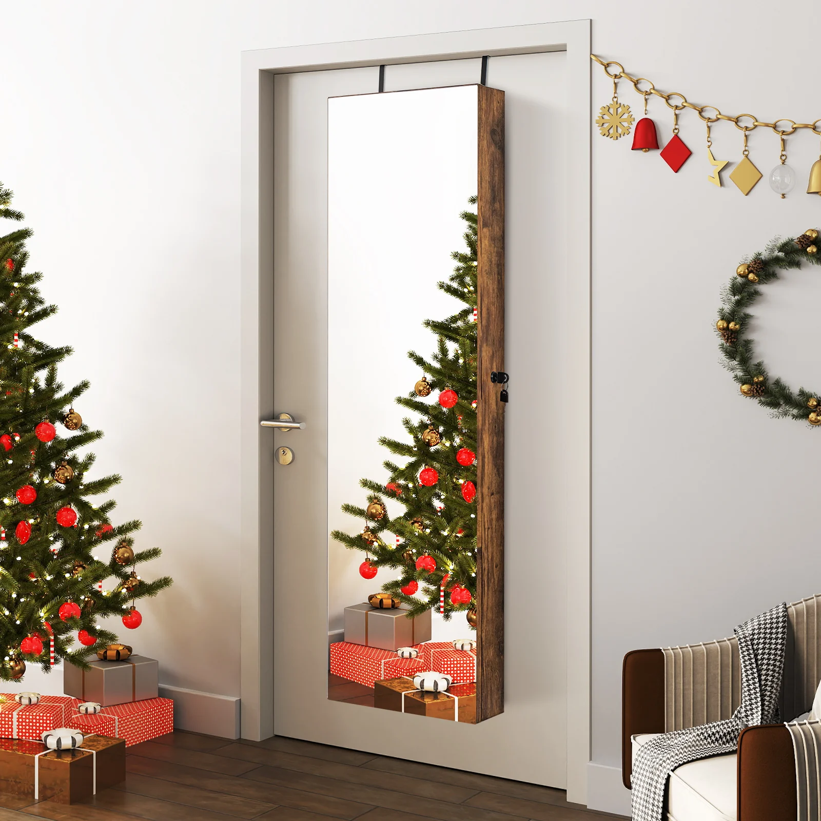 Wall and Door Mounted Mirrored Jewelry Cabinet with Lights, Rustic Brown - Image 2
