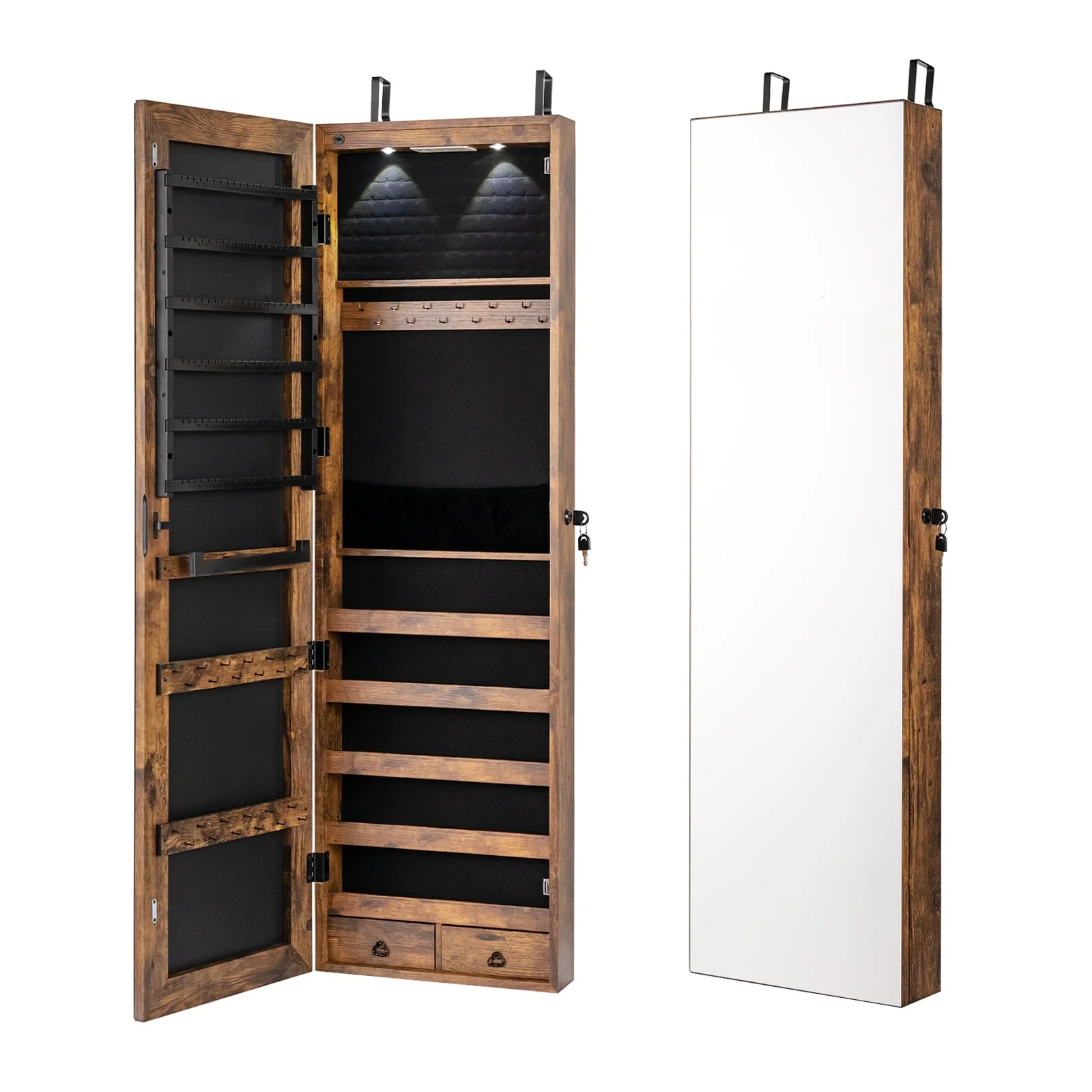 Wall and Door Mounted Mirrored Jewelry Cabinet with Lights, Rustic Brown - Image 4