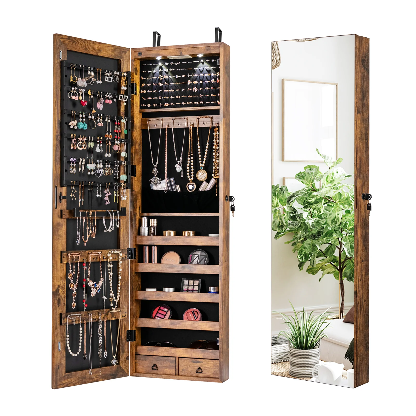 Wall and Door Mounted Mirrored Jewelry Cabinet with Lights, Rustic Brown - Image 5