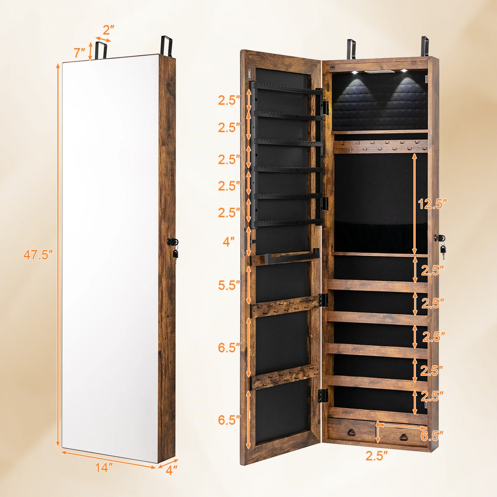 Wall and Door Mounted Mirrored Jewelry Cabinet with Lights, Rustic Brown - Image 6