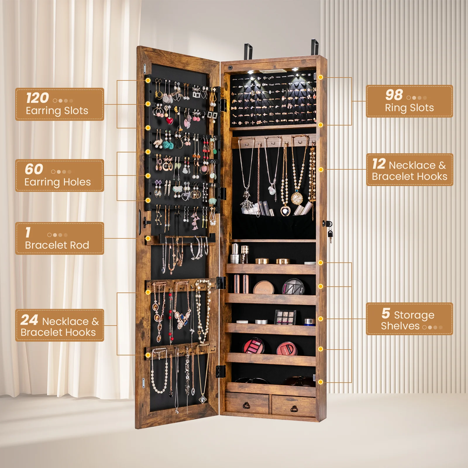 Wall and Door Mounted Mirrored Jewelry Cabinet with Lights, Rustic Brown - Image 7