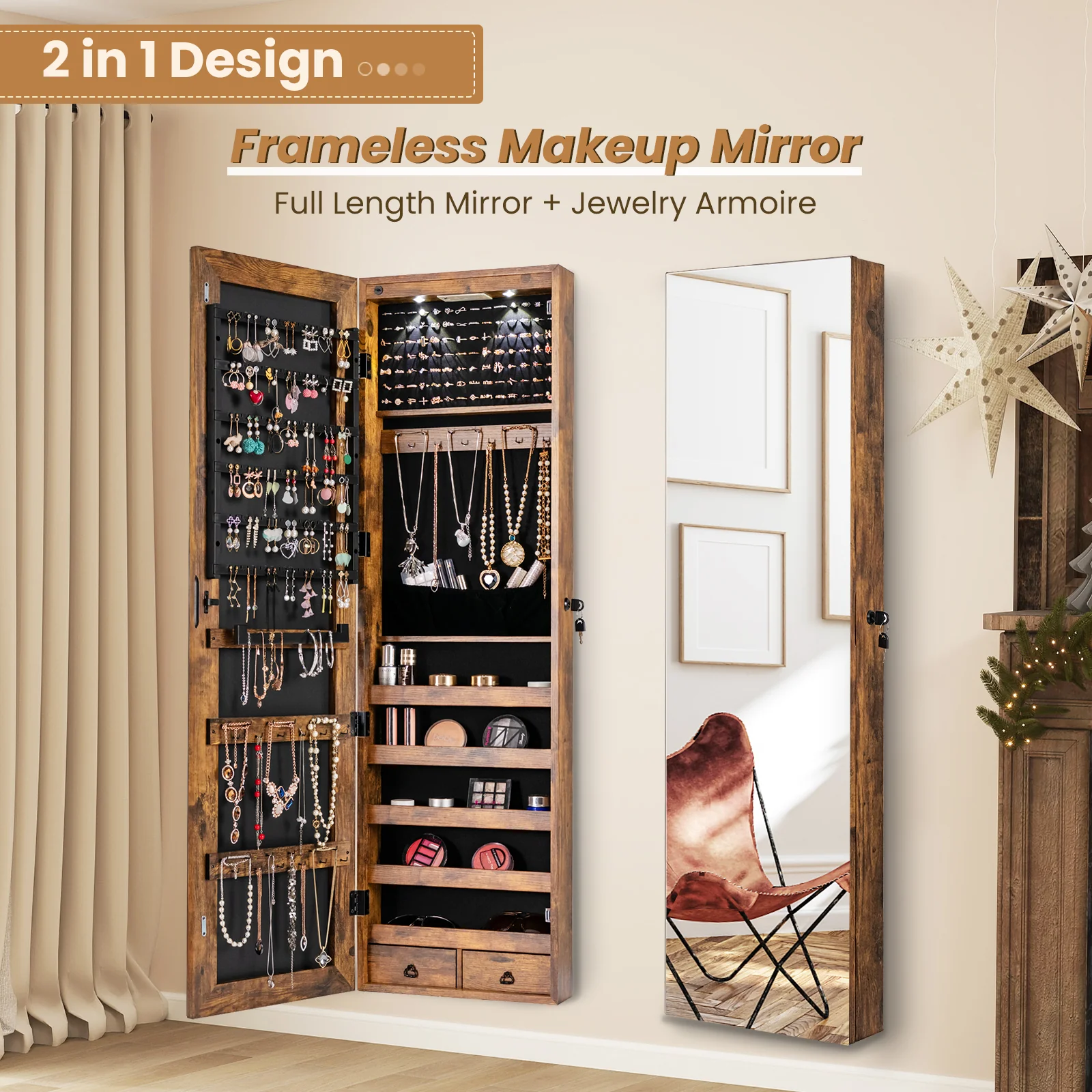 Wall and Door Mounted Mirrored Jewelry Cabinet with Lights, Rustic Brown - Image 8