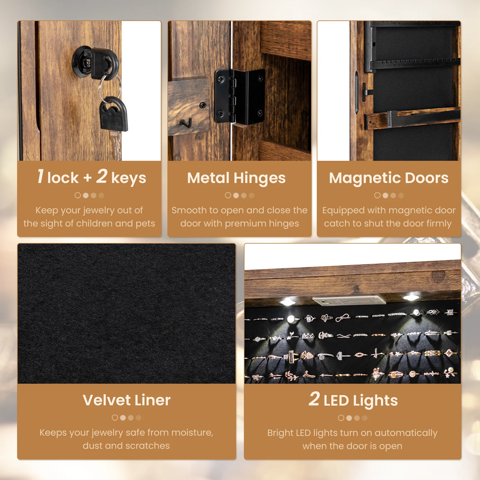 Wall and Door Mounted Mirrored Jewelry Cabinet with Lights, Rustic Brown - Image 9
