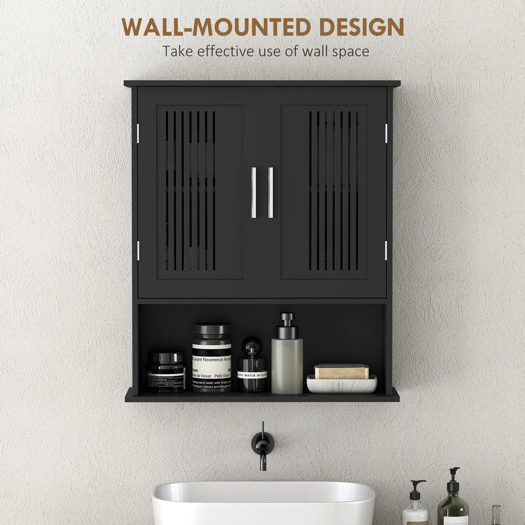 Wall Mount Bathroom Cabinet, 2 Door With Shelf, Black - Image 4