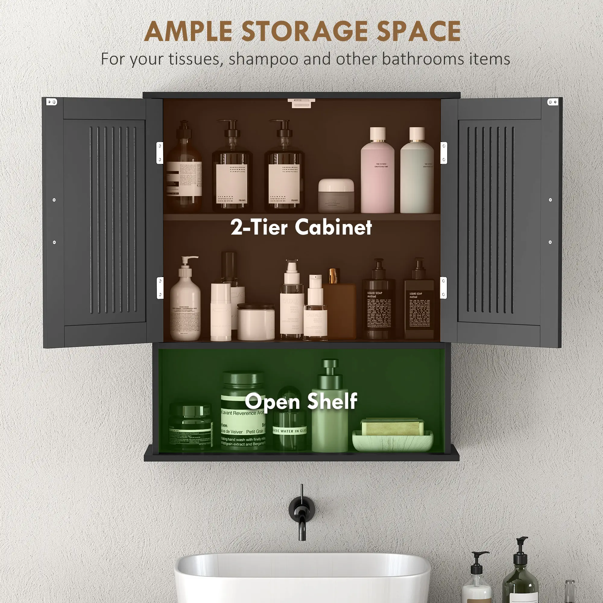 Wall Mount Bathroom Cabinet, 2 Door With Shelf, Black - Image 5